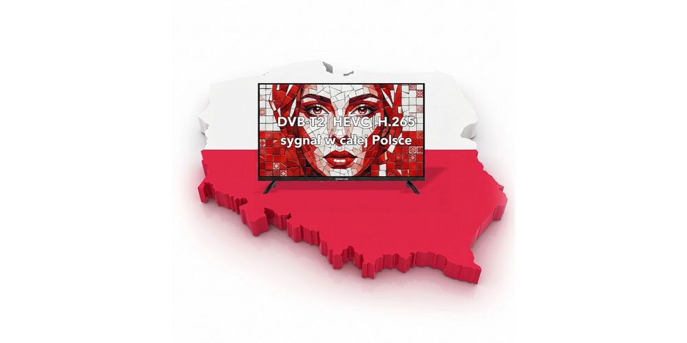 Telewizor MANTA MATV002LHN32 tuner DVB-T2 HEVC H.265 odbiór telewizji naziemnej, telewizor stojący na konturach granic Polski