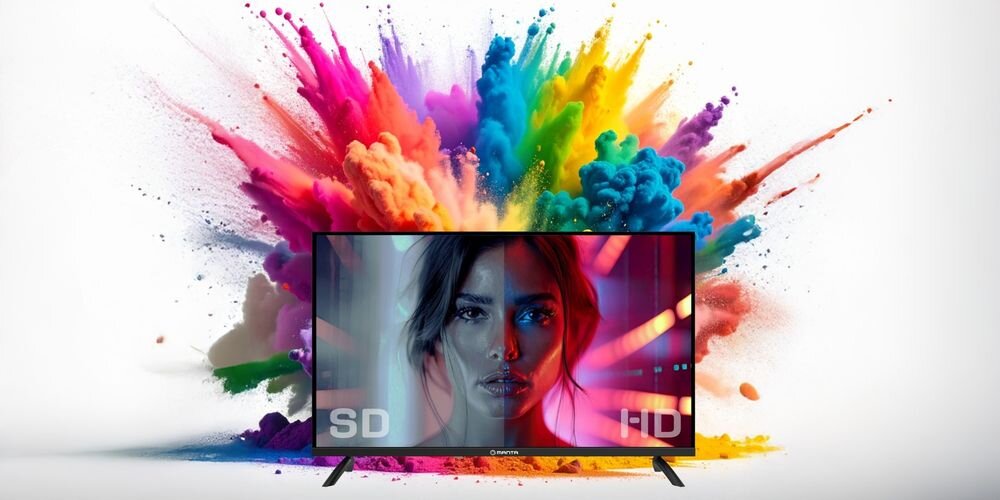 Telewizor MANTA MATV002LHN32 ekran LED HD 1366x768 szerokie kąty widzenia, telewizor od frontu na tle wybuchu kolorów