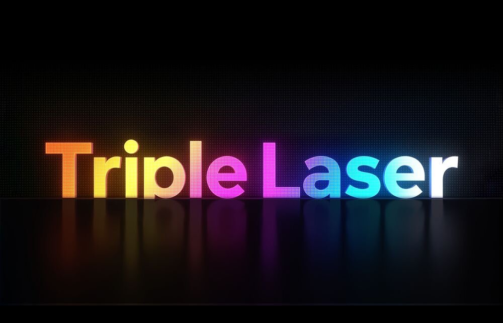 Projektor laserowy XGIMI Elfin Flip Laser, RGB Triple Laser, jasność, stabilność kolorów, napis led na czarnym tle