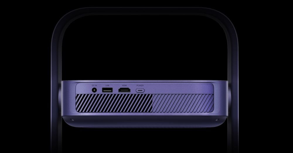 Projektor laserowy XGIMI Elfin Flip Laser, DC IN 120 W, USB, HDMI, Wi-Fi 5, Bluetooth 5.1, kadr na złącza projektora