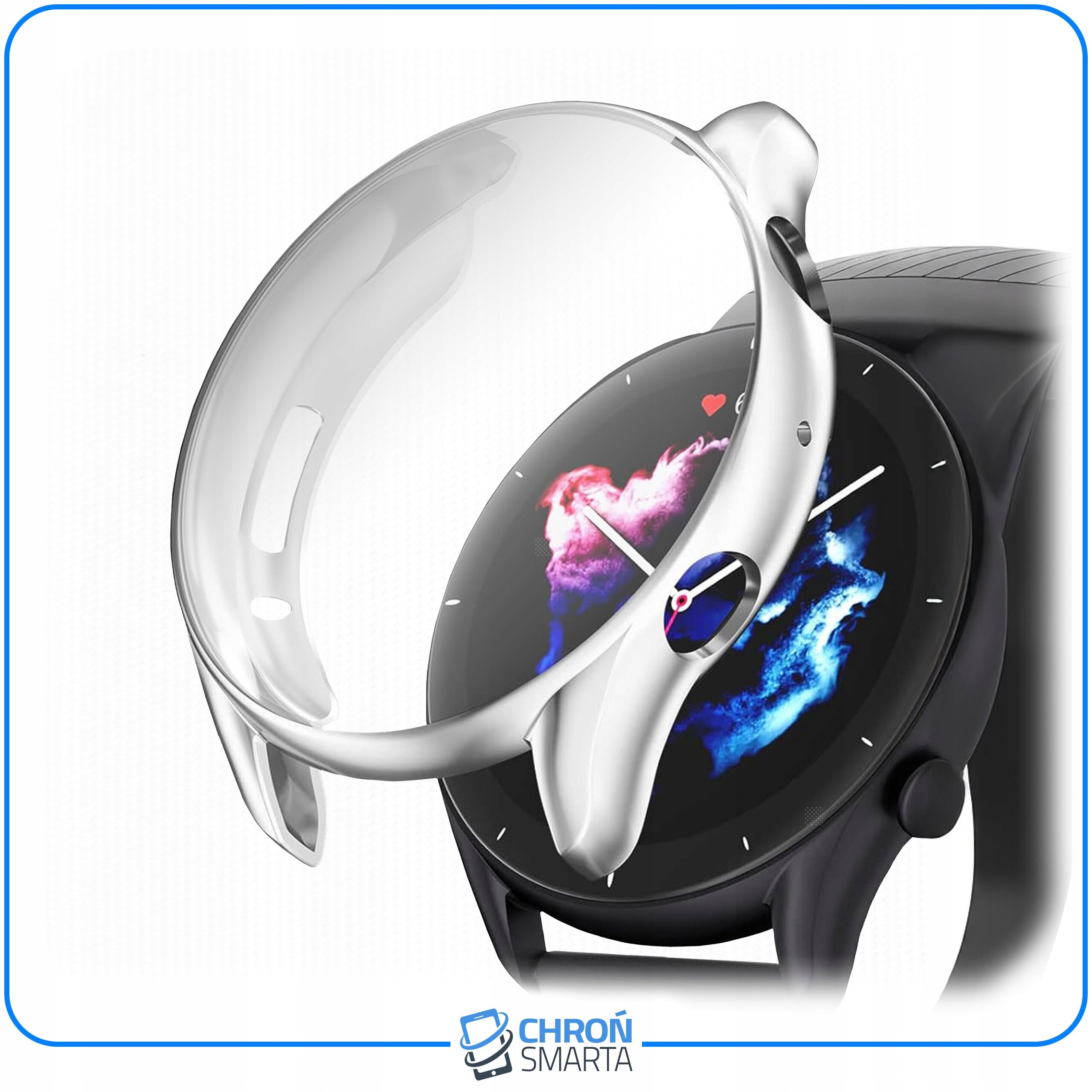 Obraz przedstawia przezroczyste etui ochronne na smartwatch, które jest uniesione nad zegarkiem z kolorowym wyświetlaczem. Na dole widoczne jest logo \'CHROŃ SMARTA\'.