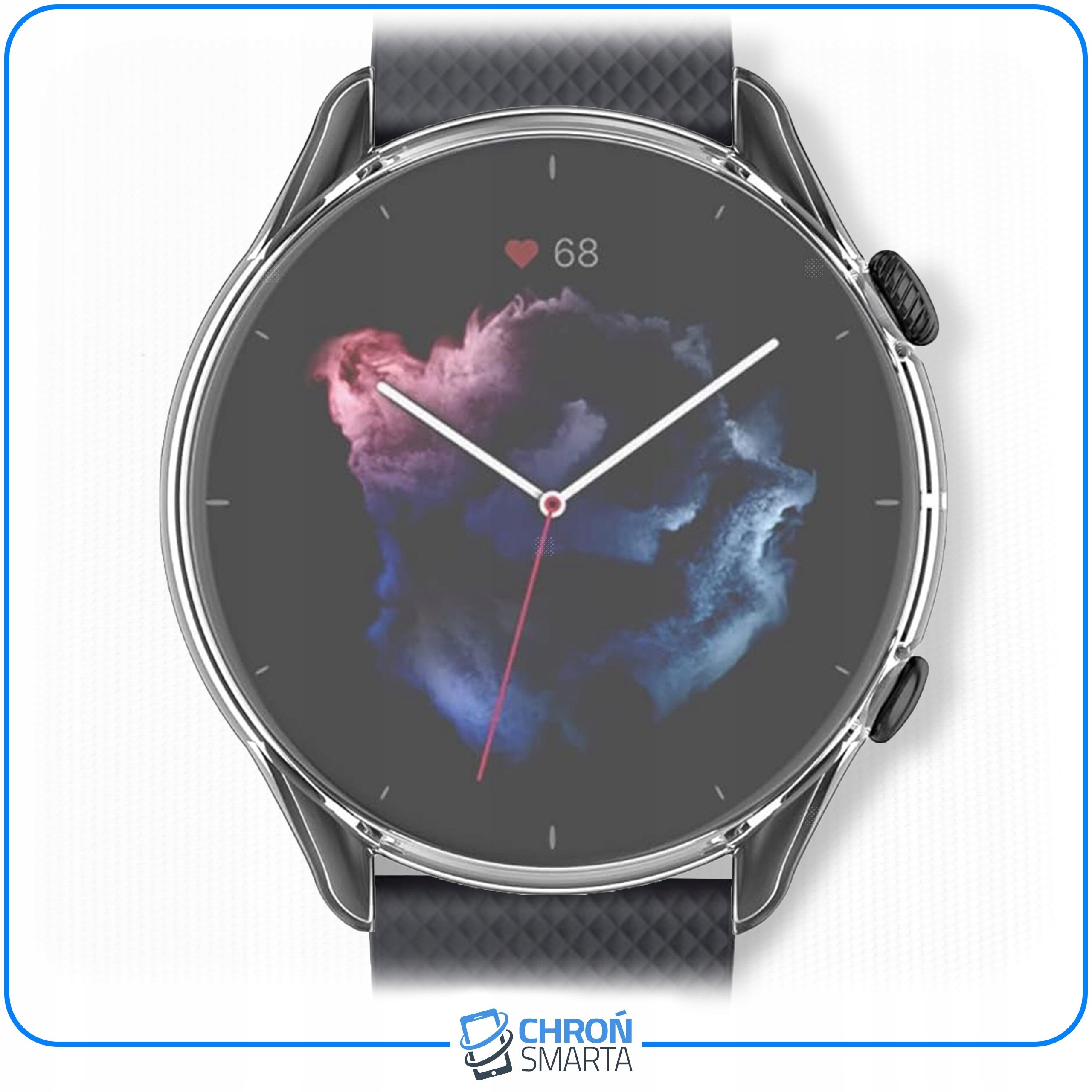 Smartwatch z okrągłym wyświetlaczem, na którym widoczna jest grafika przypominająca chmurę w odcieniach różu i niebieskiego oraz wskaźnik tętna z liczbą 68. Na dole obrazu znajduje się logo \'CHROŃ SMARTA\'.