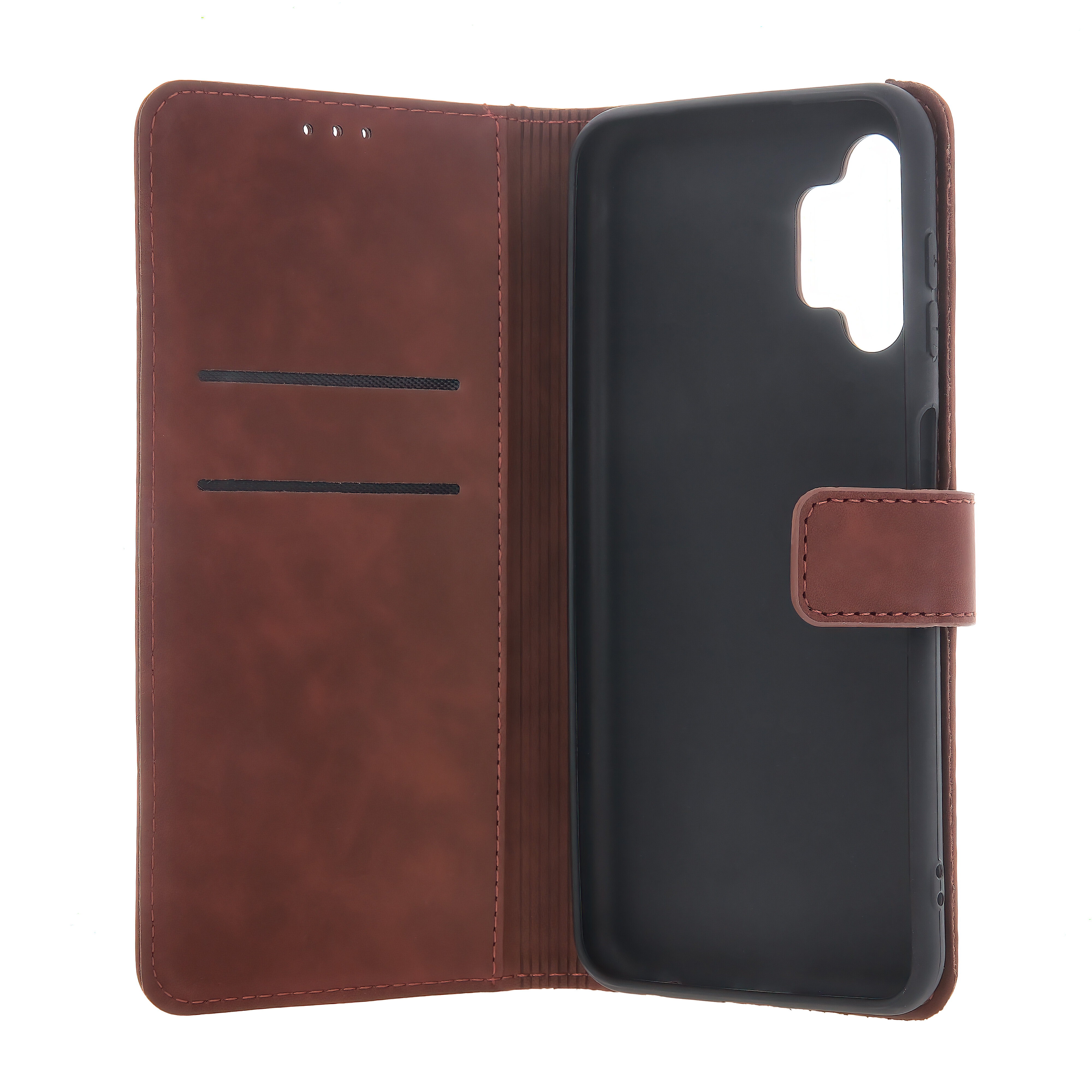 Brązowe etui na telefon z klapką, posiada dwie kieszonki na karty oraz miejsce na aparat. Wnętrze etui jest czarne, a zapięcie na magnes jest widoczne z boku.