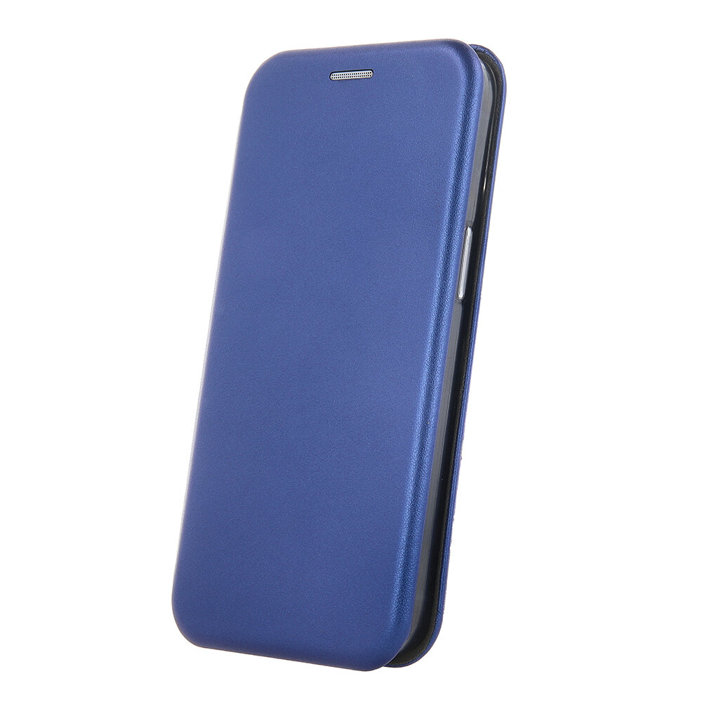 Granatowe etui na telefon z klapką, widoczne z przodu i z boku. Etui ma otwór na głośnik u góry.