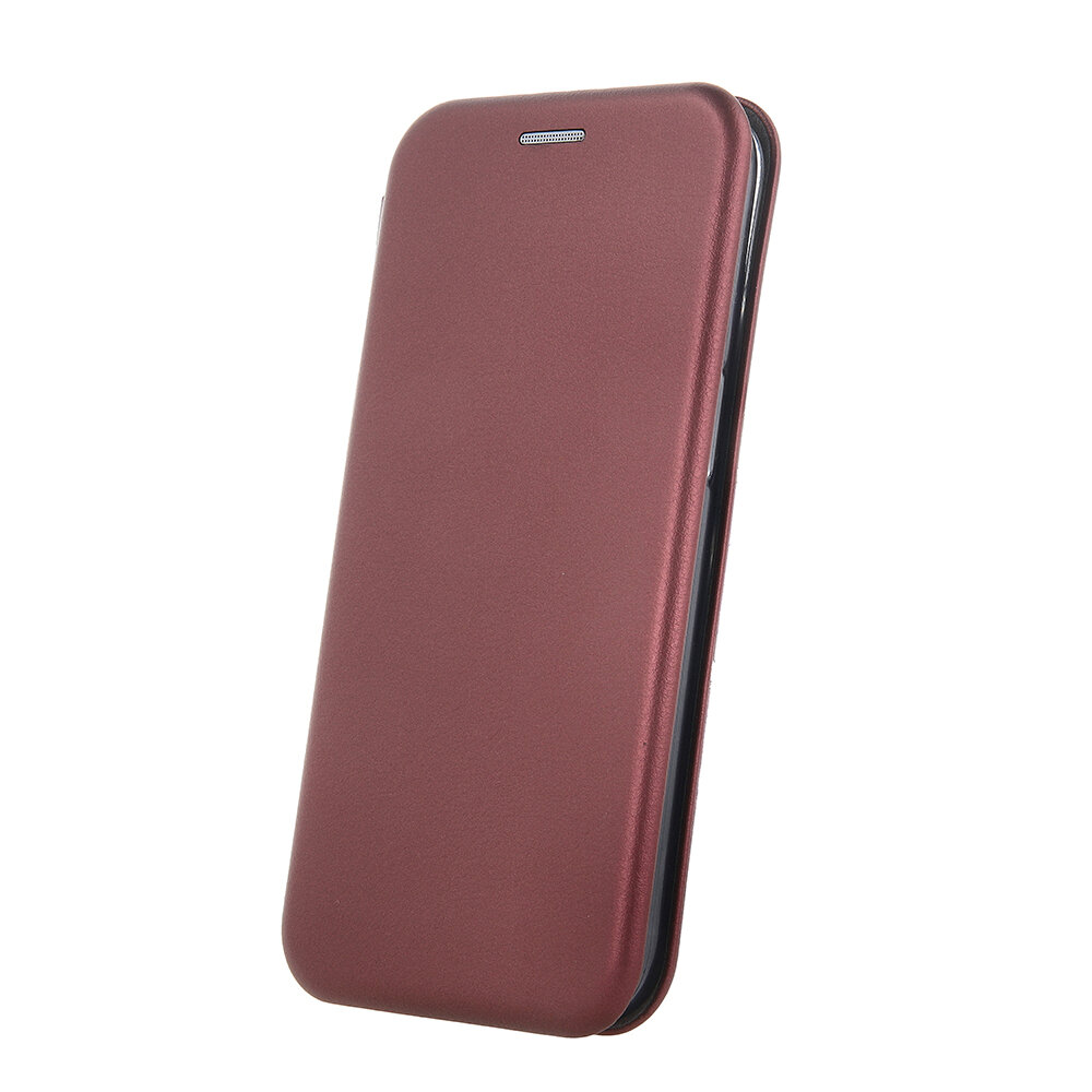 Burgundowe etui na telefon z klapką, wykonane z gładkiego materiału. Widoczny jest otwór na głośnik na górze etui.