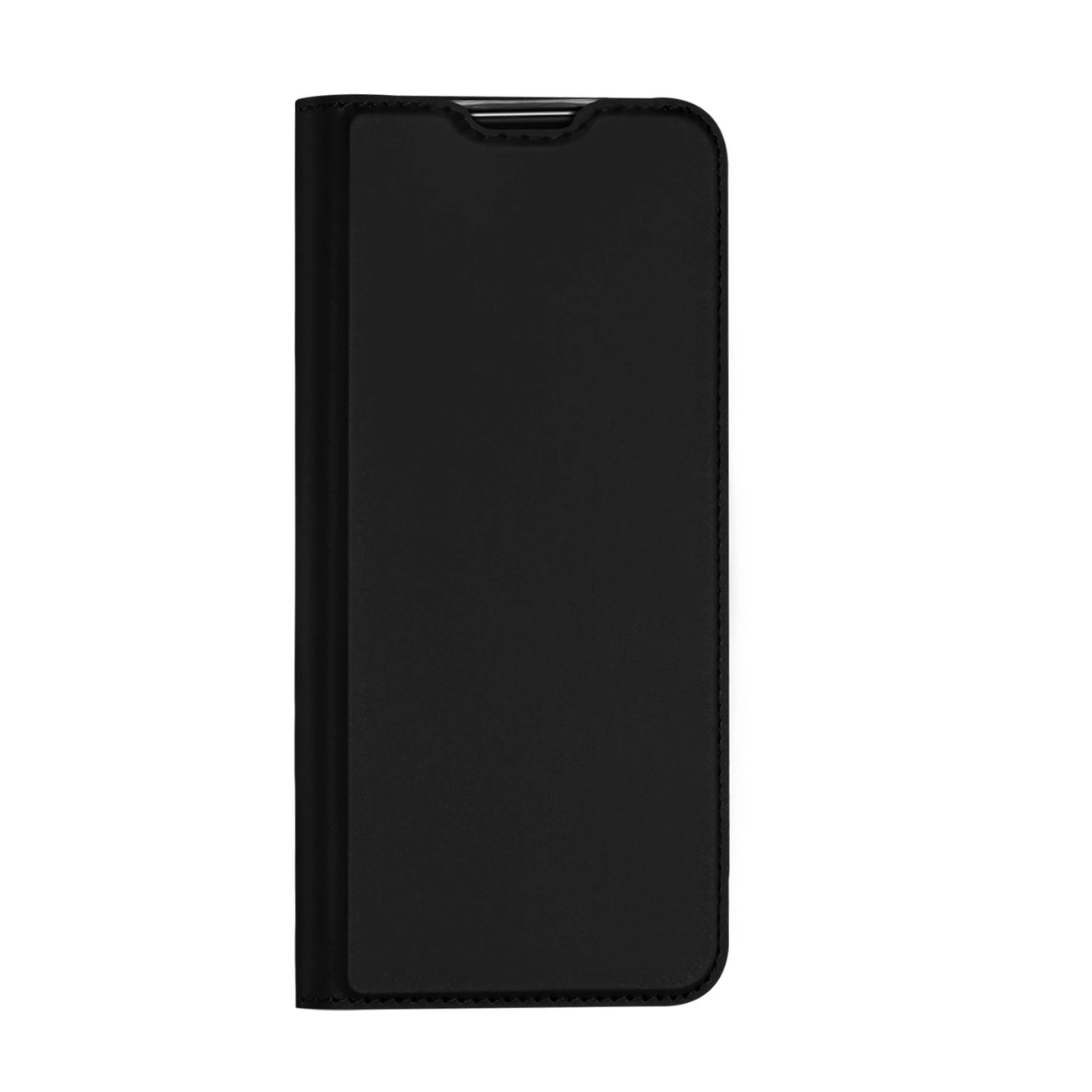 Czarny pokrowiec z klapką, przeznaczony na smartfon, widoczny z przodu. Produkt ma prosty, elegancki design bez widocznych ozdób czy logo.