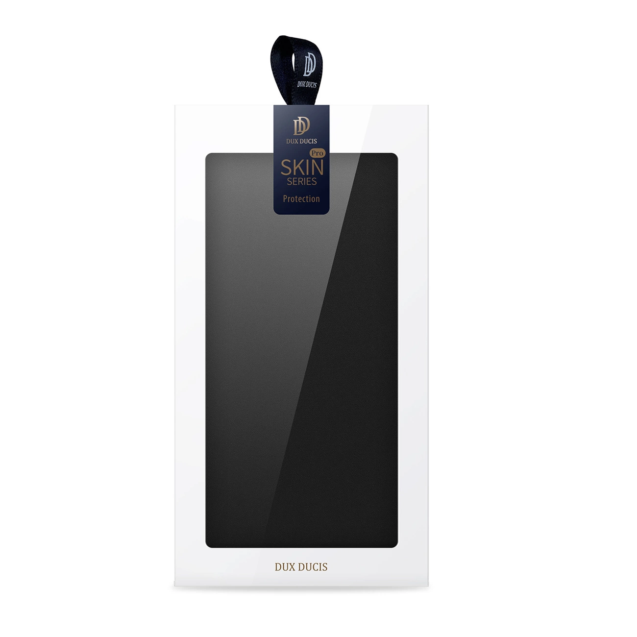 Opakowanie produktu Dux Ducis Skin Series z czarnym etui widocznym przez przezroczystą część. Na górze opakowania znajduje się napis \'Dux Ducis Pro Skin Series Protection\'.