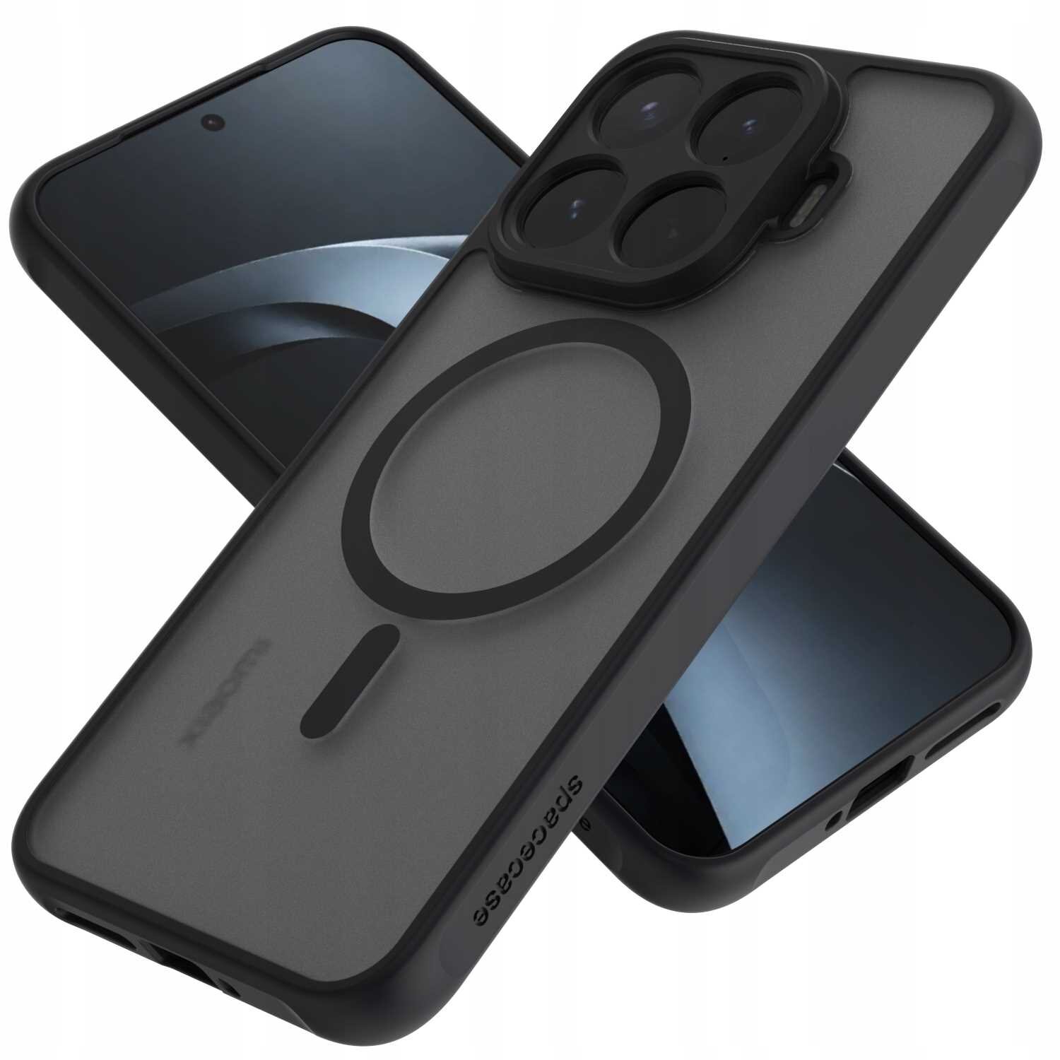 Na obrazie widoczne jest czarne etui magnetyczne z okrągłym wzorem, przeznaczone do telefonu. Na etui znajduje się napis \'SPACECASE\'.