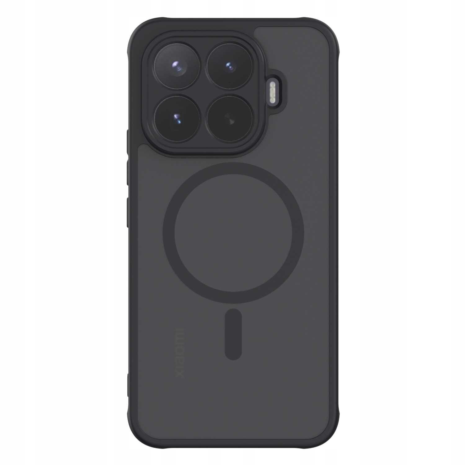 Czarne etui z okrągłym wzorem na środku, przeznaczone do telefonu z dużym modułem aparatu. Na etui widoczny jest napis \'Xiaomi\'.