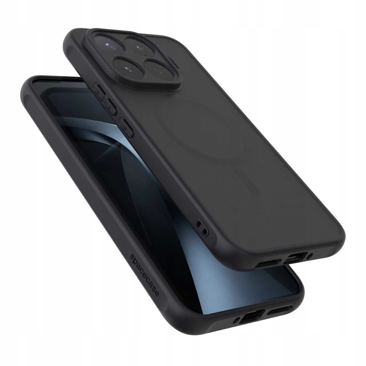 Czarne etui magnetyczne do telefonu z widocznym miejscem na aparat i napisem \'spacecase\'.