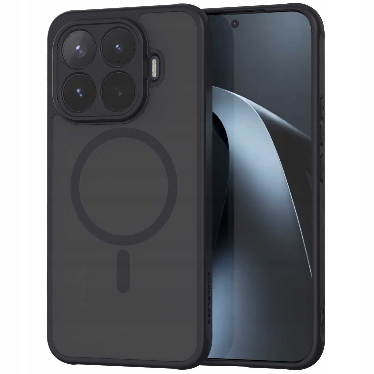 Czarne etui magnetyczne z okrągłym wzorem na tylnej części, przeznaczone do telefonu z dużym modułem aparatu. Na etui widoczny jest napis \'SPACECASE\'.