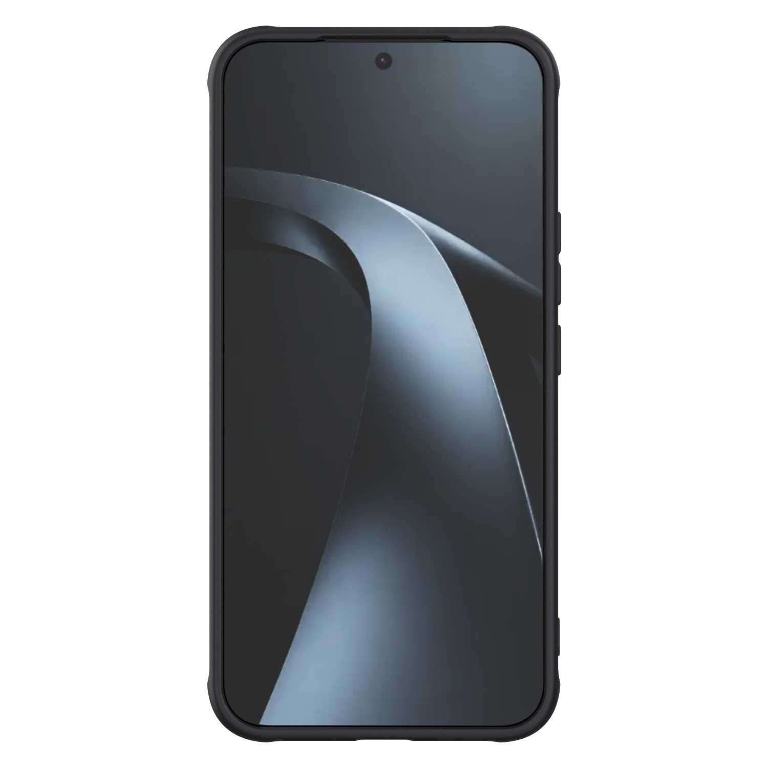 Czarne etui magnetyczne na telefon z widocznym ekranem, na którym znajduje się abstrakcyjny wzór w odcieniach szarości.