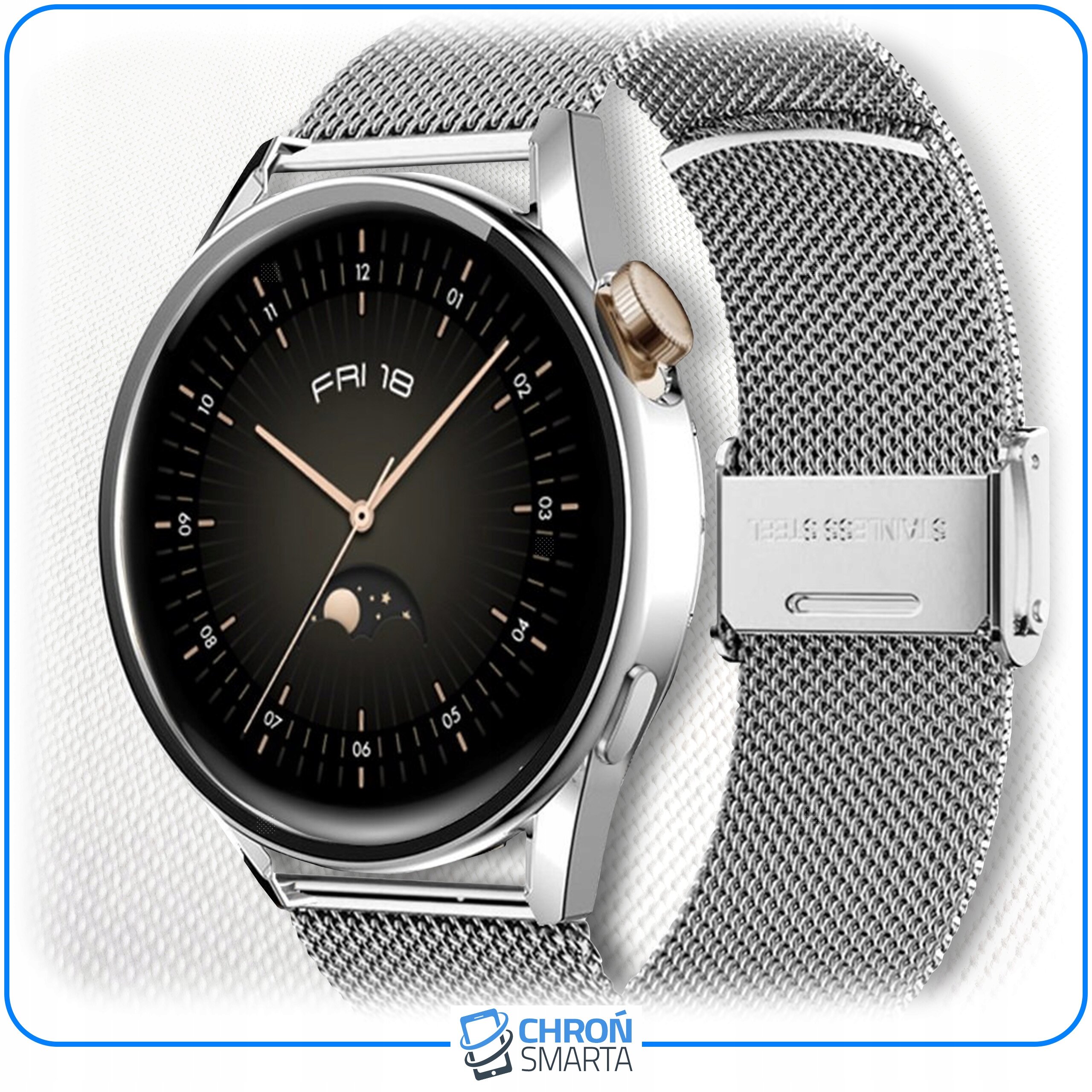 Smartwatch z okrągłą tarczą, wyświetlający datę \'FRI 18\' oraz grafikę z księżycem i gwiazdami. Pasek wykonany z metalowej siatki, z napisem \'STAINLESS STEEL\' na zapięciu.