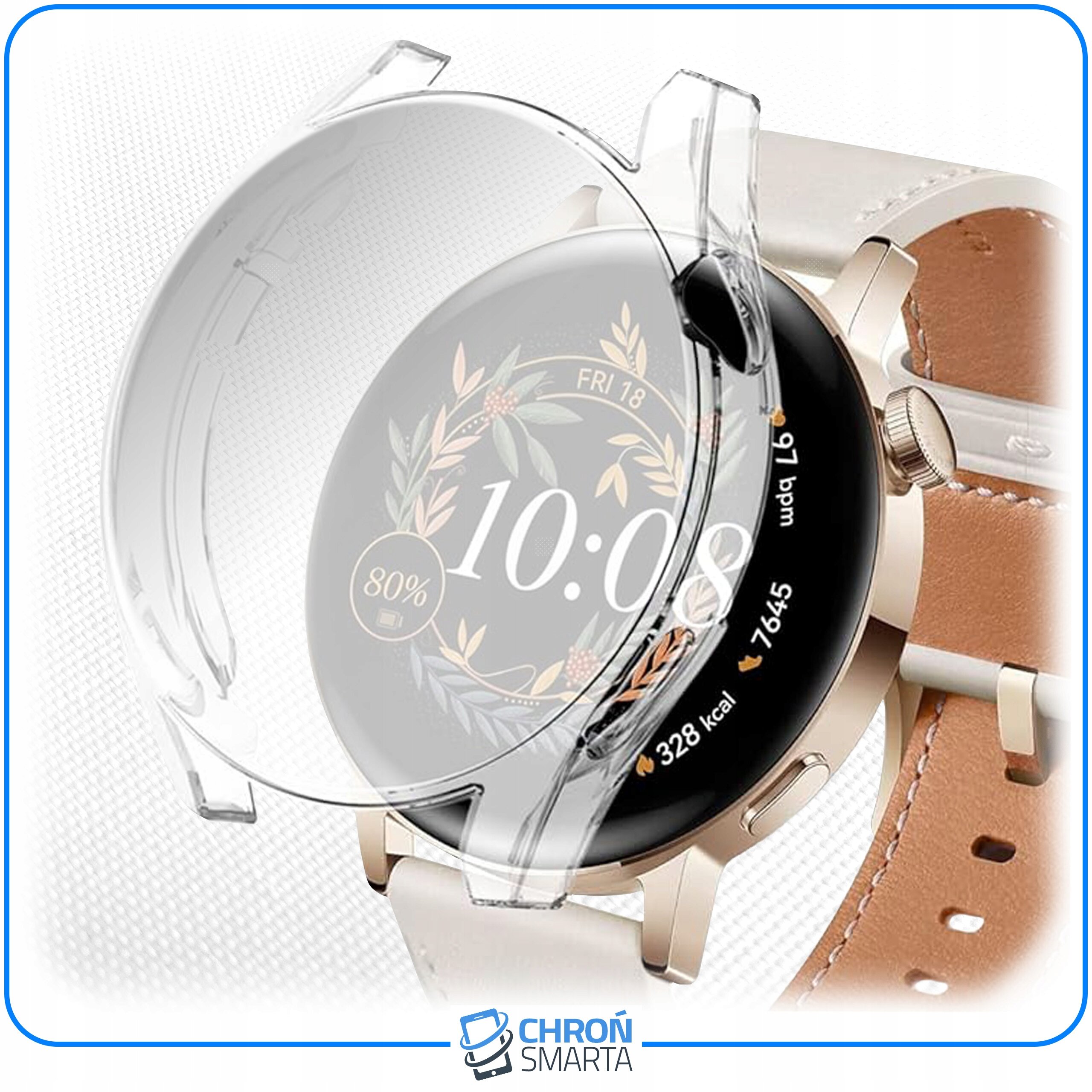 Obraz przedstawia przezroczyste etui ochronne na smartwatch Huawei Watch GT 3 42mm Elegant, z widocznym logo \'CHROŃ SMARTA\' poniżej. Na ekranie zegarka wyświetlana jest godzina 10:08 oraz wskaźnik naładowania baterii na poziomie 80%.