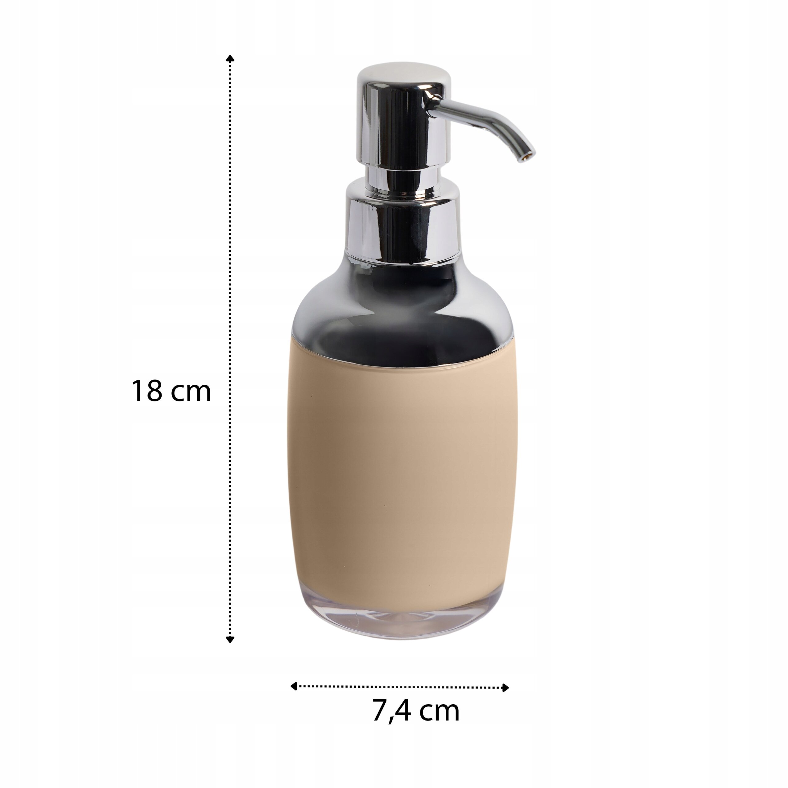 Beżowy dozownik na mydło z chromowaną pompką, o wysokości 18 cm i szerokości 7,4 cm.