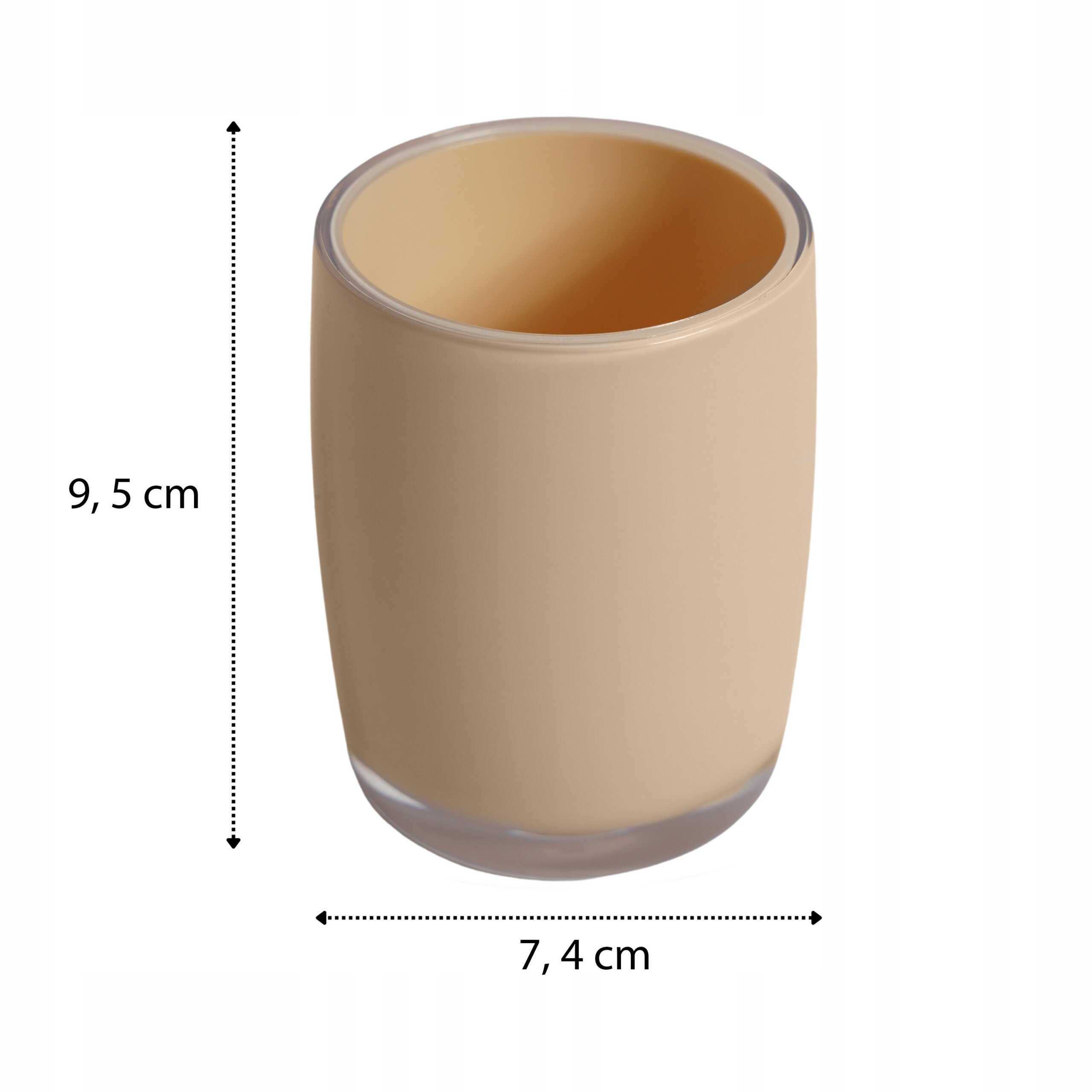 Beżowy kubek łazienkowy o gładkiej powierzchni, z wymiarami 9,5 cm wysokości i 7,4 cm średnicy.