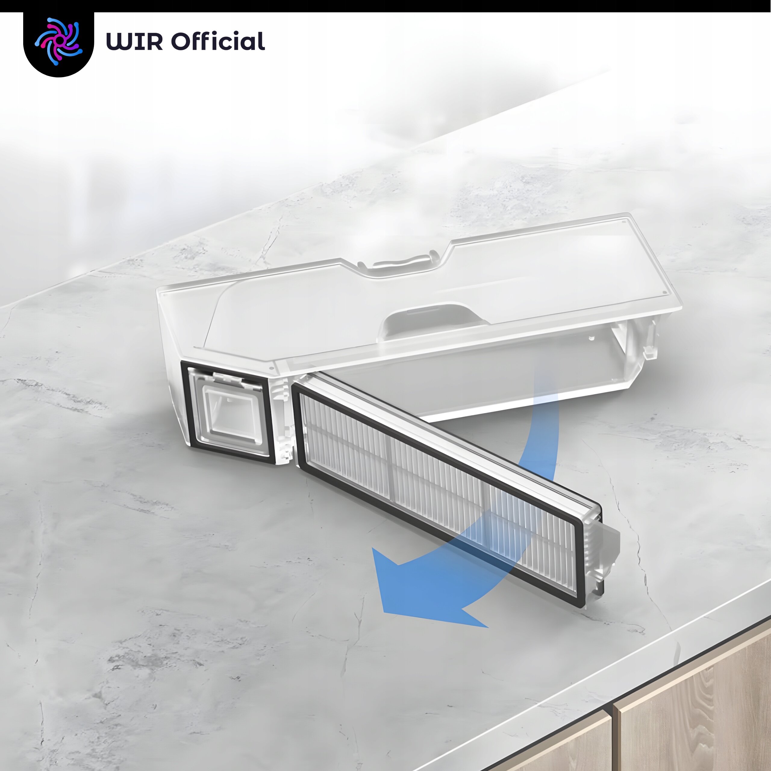 Na obrazie widoczny jest przezroczysty pojemnik z filtrem HEPA, który jest wyjmowany. W lewym górnym rogu znajduje się logo z napisem \'WIR Official\'.