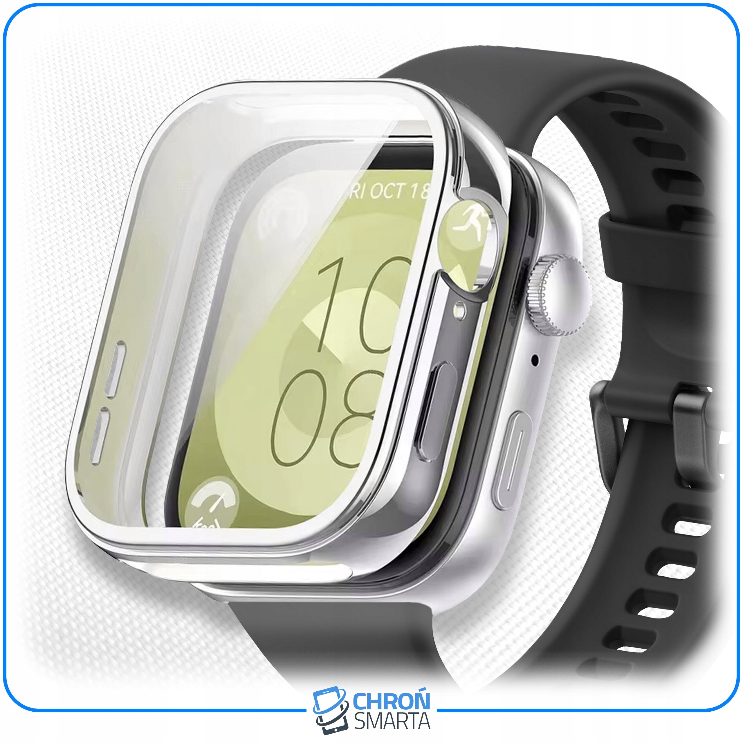 Przezroczyste etui ochronne na smartwatch z widocznym ekranem i przyciskami bocznymi. Na dole obrazu znajduje się logo \'CHROŃ SMARTA\'.
