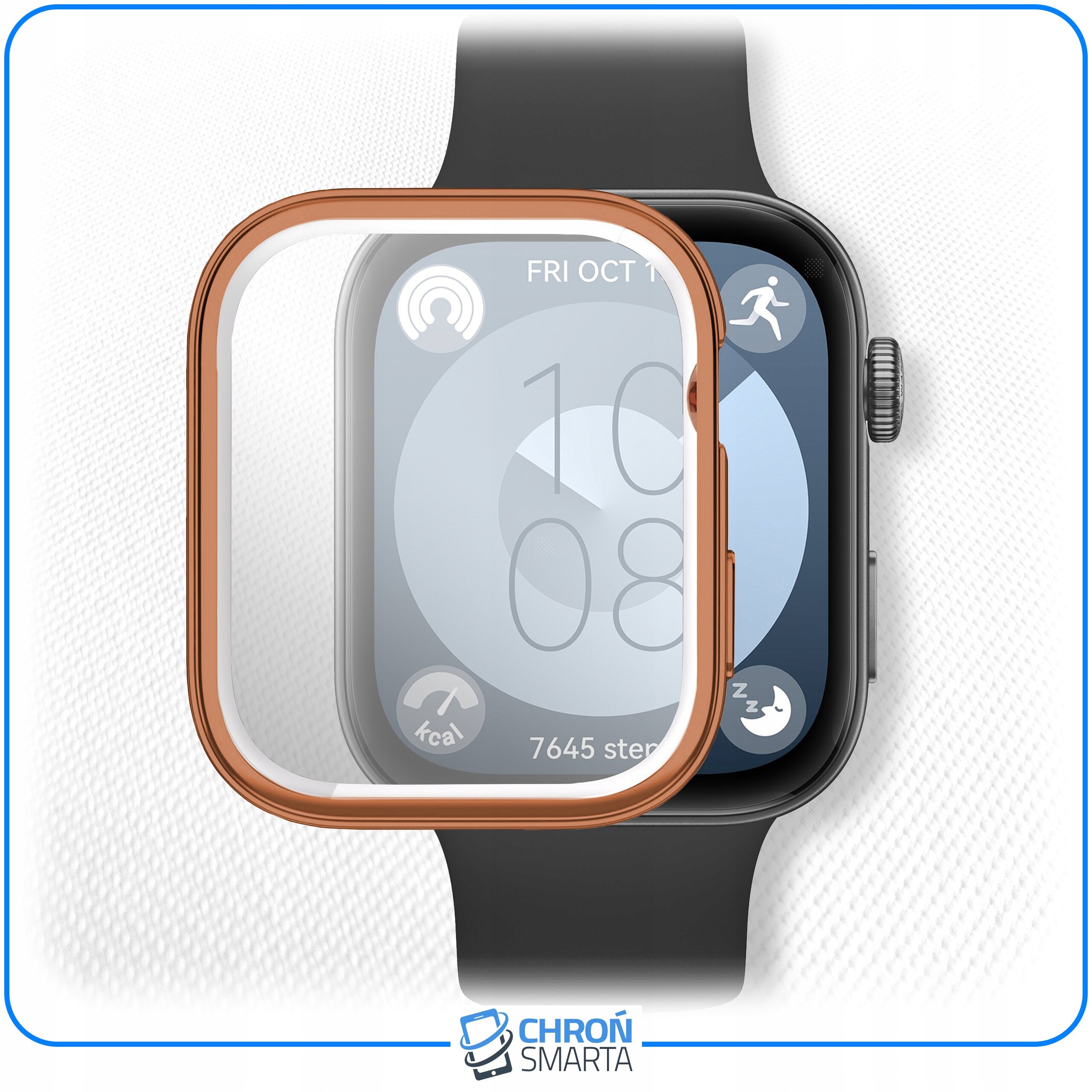 Na obrazie widoczny jest smartwatch z nałożonym przezroczystym etui ochronnym z miedzianą ramką. Na ekranie zegarka wyświetlana jest godzina 10:08 oraz liczba kroków 7645, a w dolnej części widnieje logo \'CHROŃ SMARTA\'.
