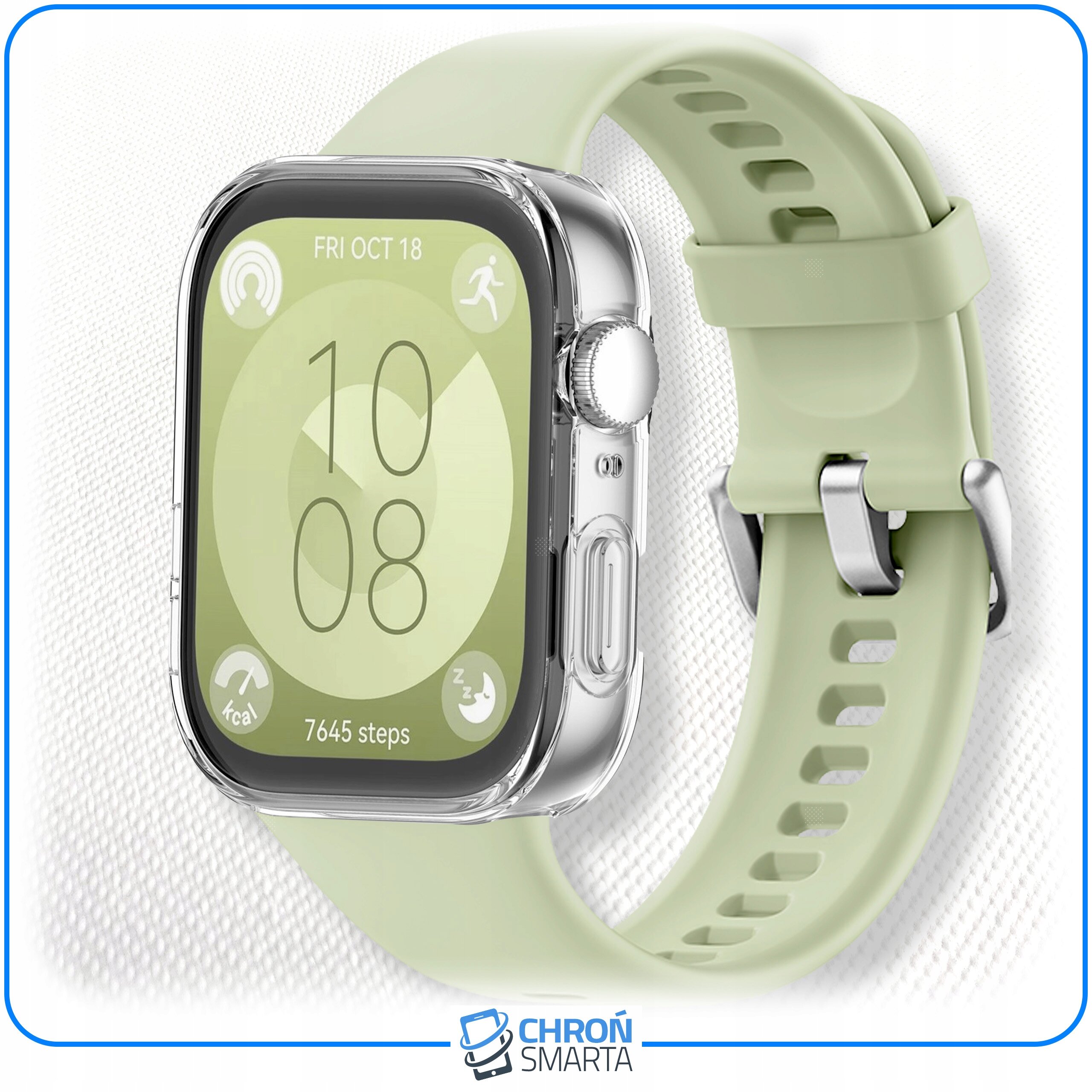 Smartwatch z przezroczystym etui ochronnym i jasnozielonym paskiem. Na ekranie widoczna jest data \'FRI OCT 18\' oraz liczba \'7645 steps\'.