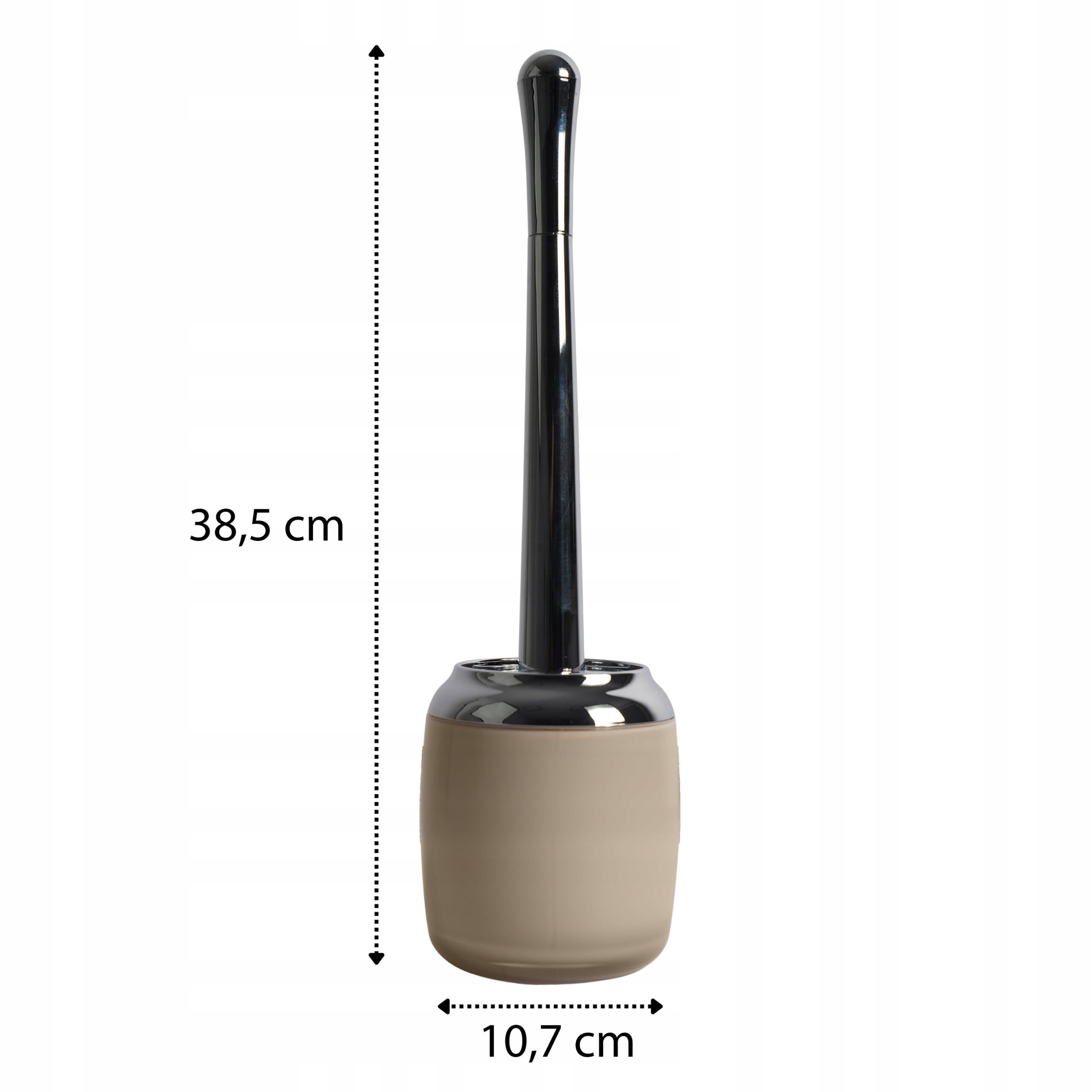 Beżowa szczotka do toalety z srebrnym wykończeniem, o wysokości 38,5 cm i średnicy 10,7 cm.