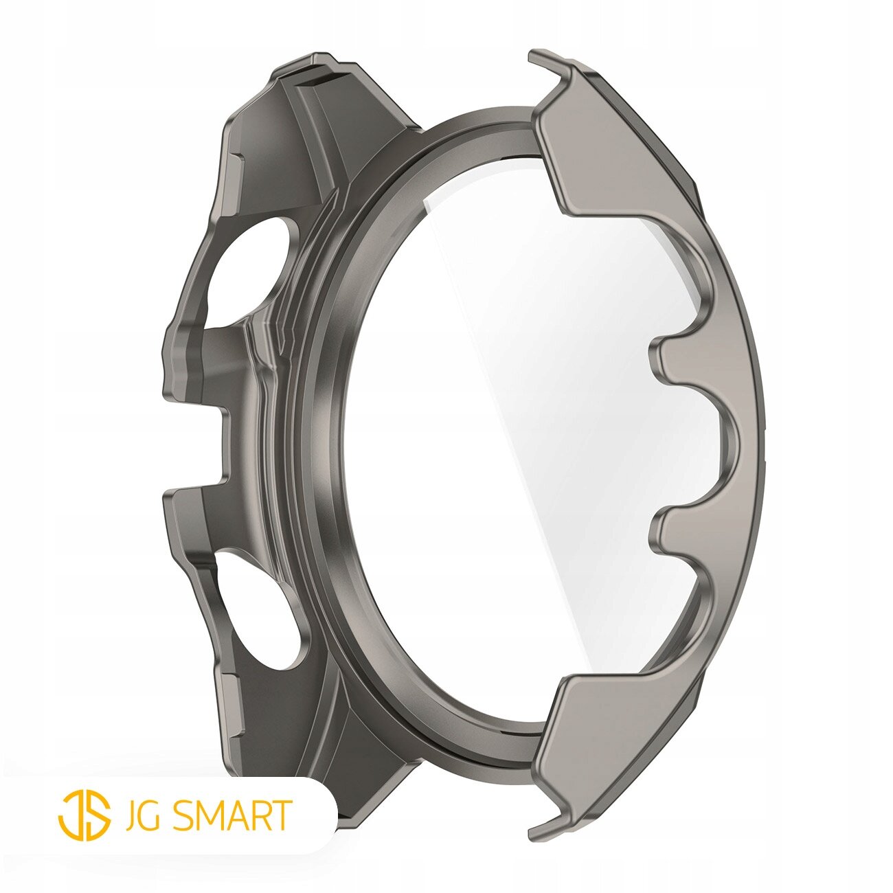 Obraz przedstawia metalowe etui ochronne z przezroczystym szkłem hartowanym, przeznaczone do zegarka. W lewym dolnym rogu widoczne jest logo \'JG SMART\'.