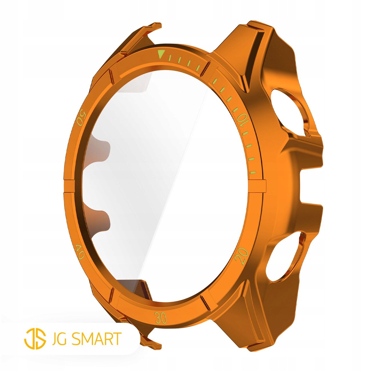 Pomarańczowe etui ochronne z przezroczystym szkłem hartowanym, przeznaczone do zegarka. Widoczne logo \'JG SMART\'.