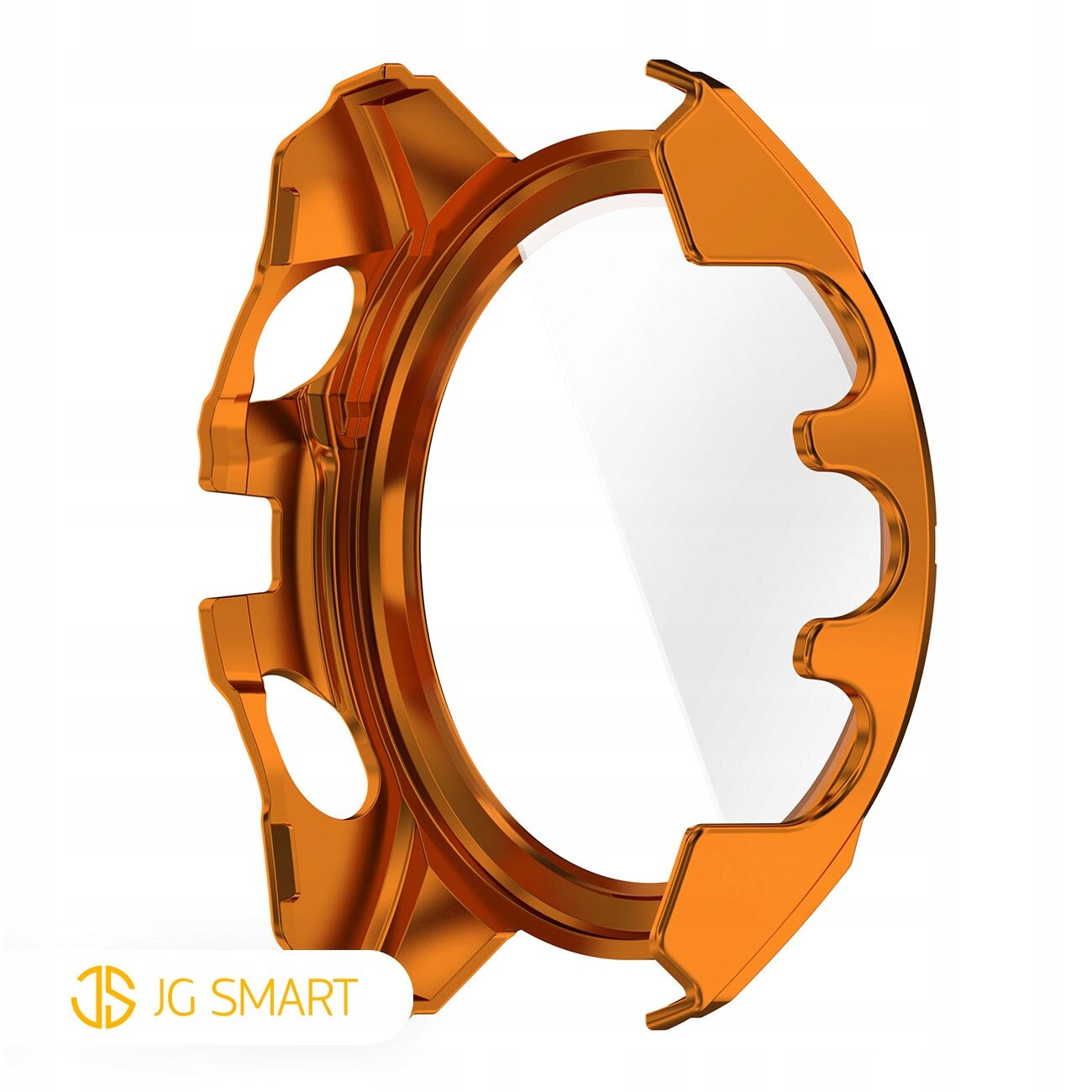Pomarańczowe etui ochronne z przezroczystym szkłem hartowanym, przeznaczone do zegarka. W lewym dolnym rogu widoczne jest logo \'JG SMART\'.