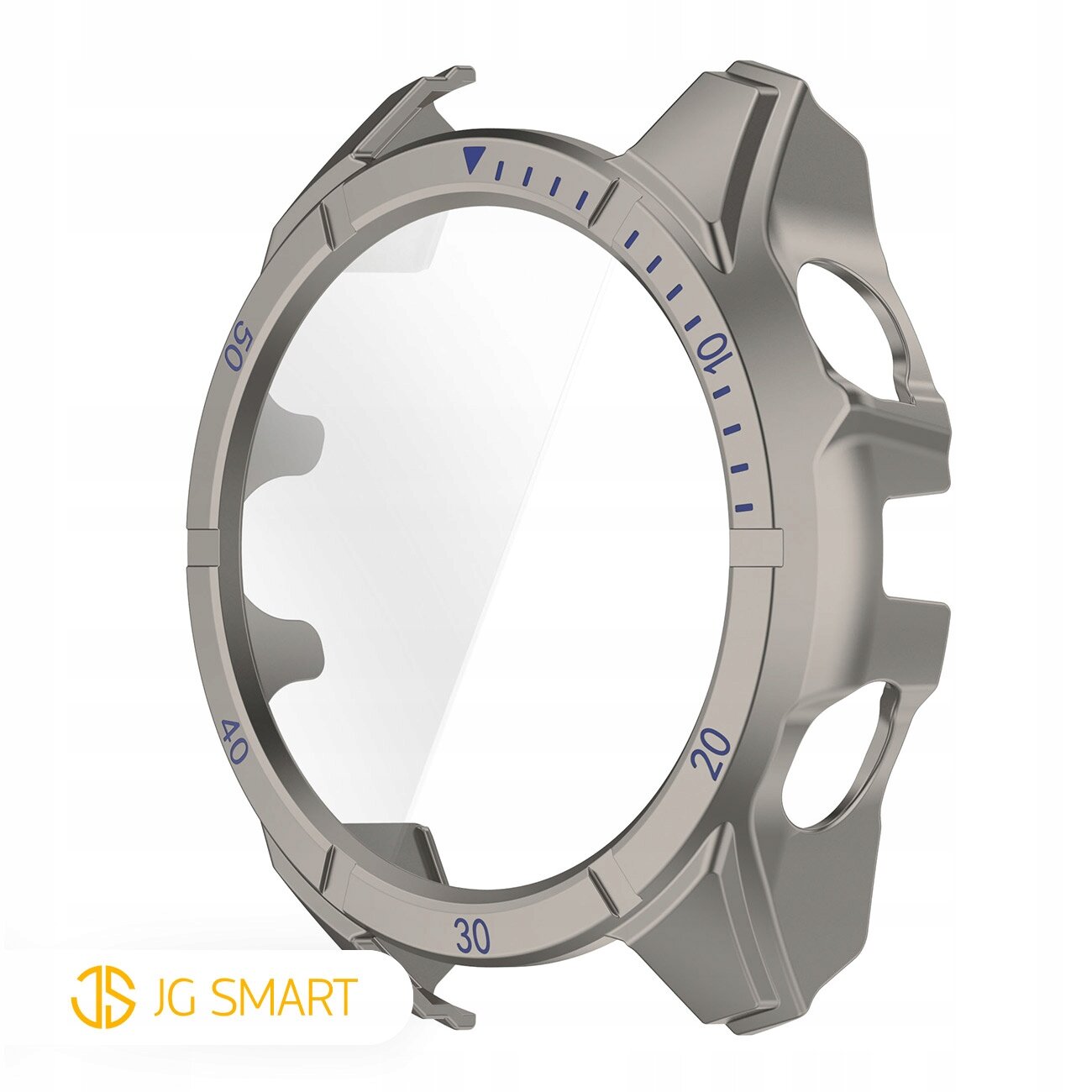 Obraz przedstawia metalowe etui ochronne z przezroczystym szkłem hartowanym, przeznaczone do zegarka. W lewym dolnym rogu widoczne jest logo \'JG SMART\'.