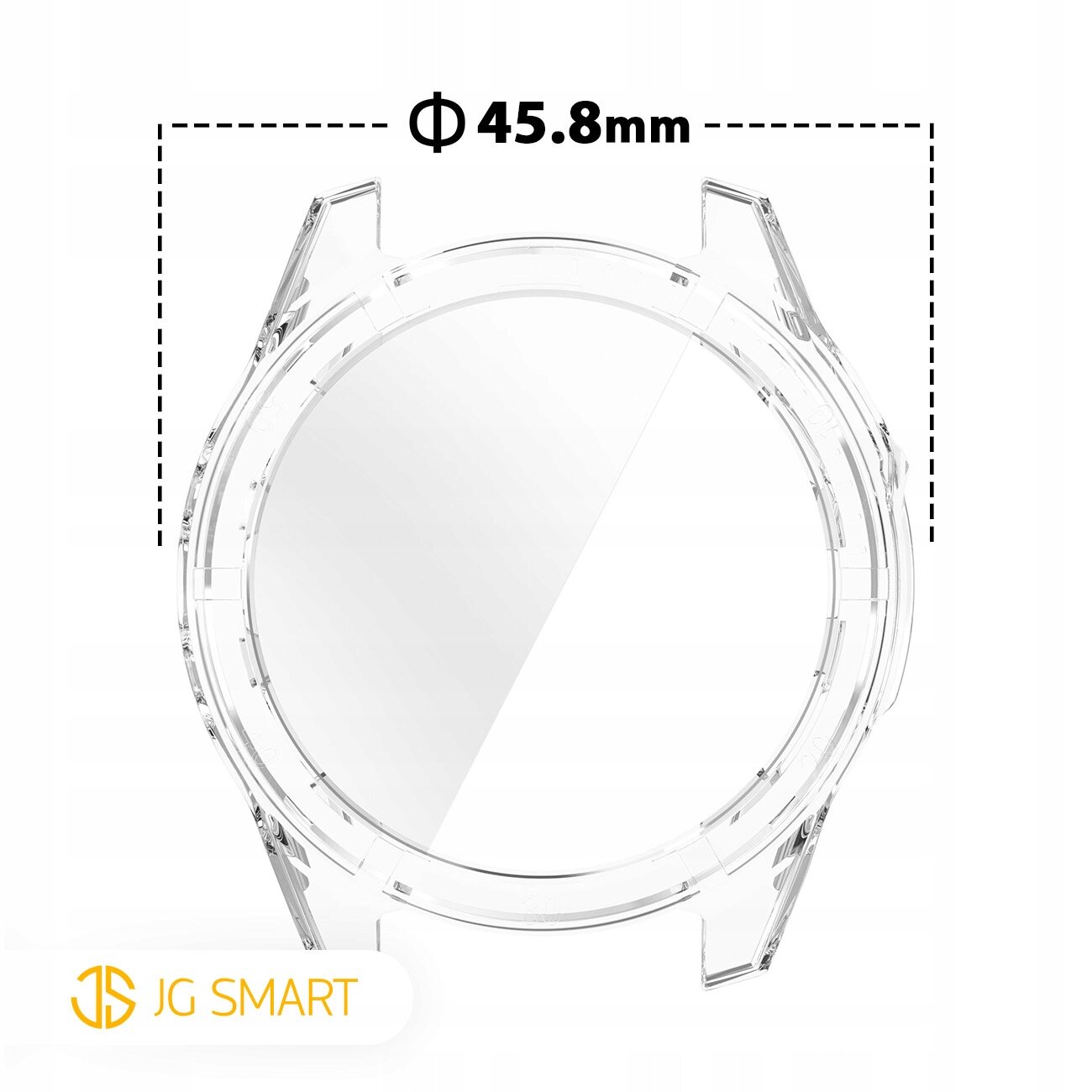 Przezroczyste etui ochronne o średnicy 45.8 mm z logo JG SMART w lewym dolnym rogu.