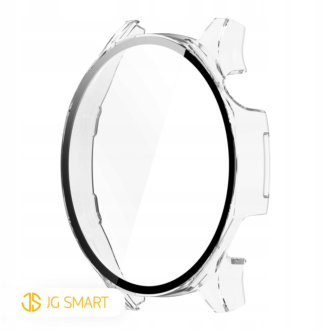 Przezroczyste etui ochronne na zegarek z czarnym obramowaniem. W lewym dolnym rogu widoczne jest logo \'JG SMART\'.