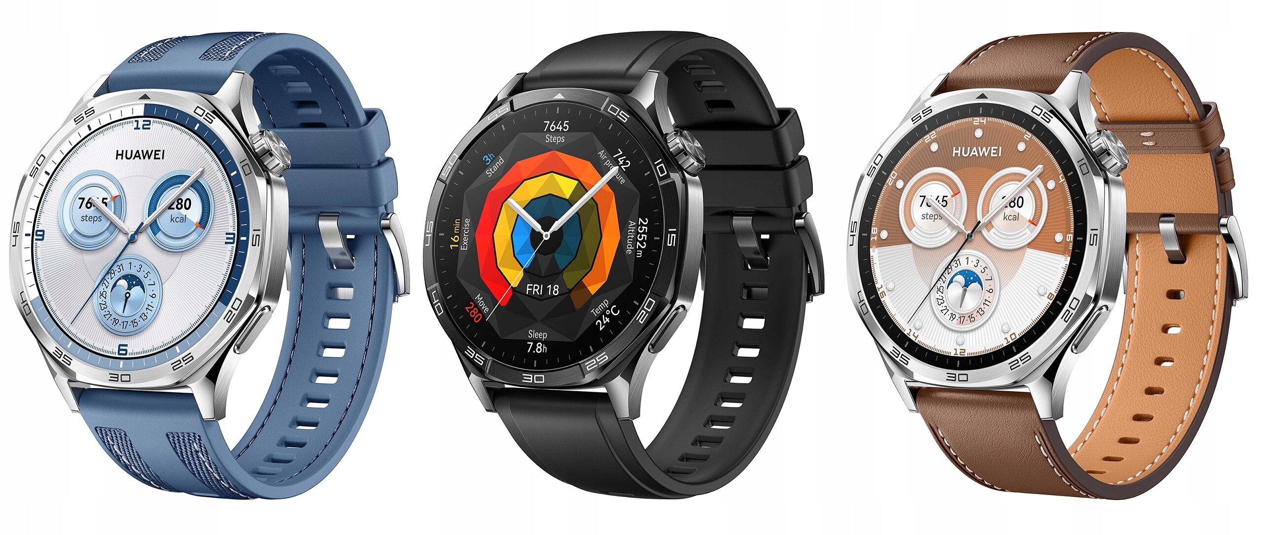 Trzy inteligentne zegarki z okrągłymi tarczami, każdy z innym kolorem paska: niebieskim, czarnym i brązowym. Na tarczach widoczne są różne wzory i informacje, w tym logo \'HUAWEI\'.