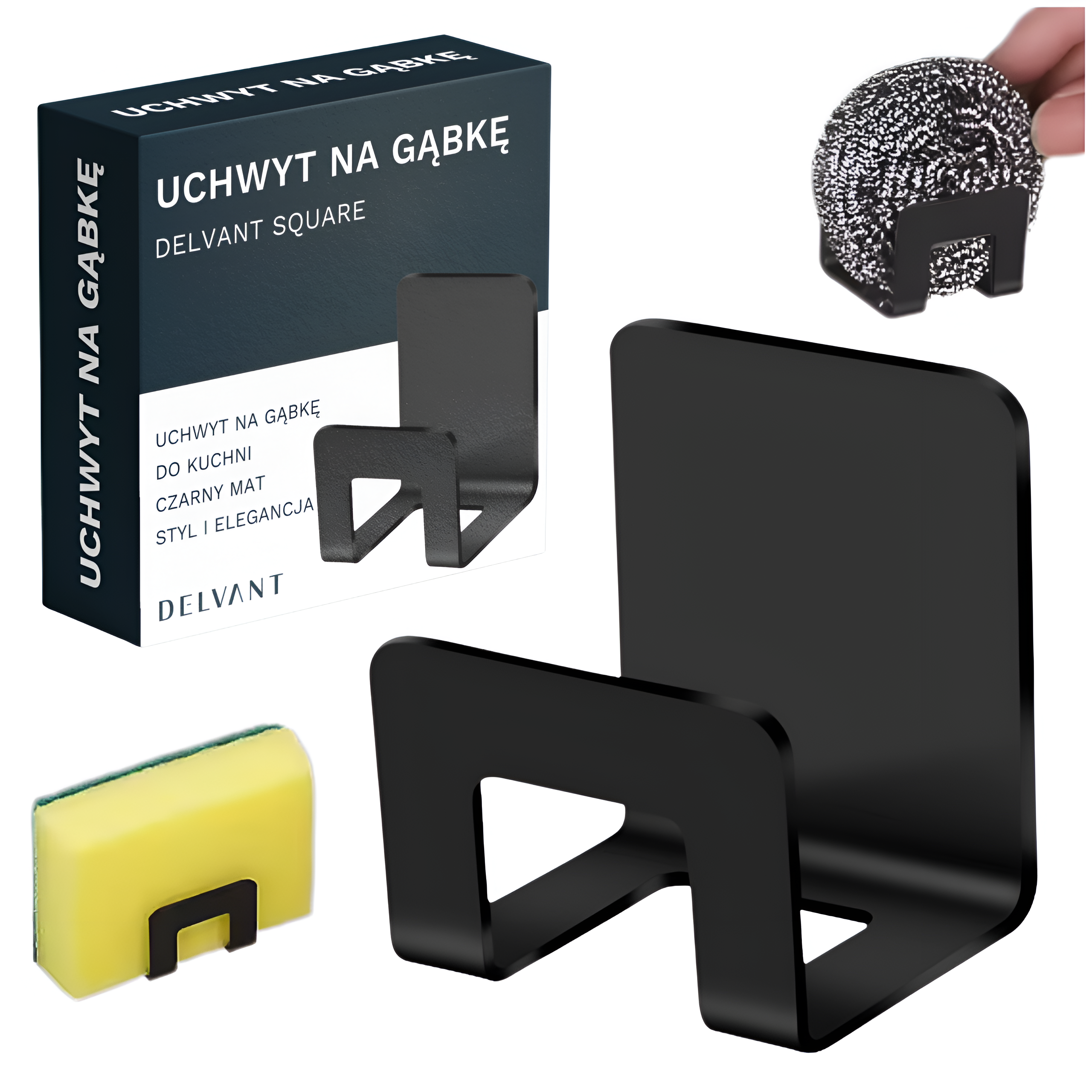Na obrazie widoczny jest czarny uchwyt na gąbkę do zlewu oraz opakowanie z napisem \'UCHWYT NA GĄBKĘ DELVANT SQUARE\'. Uchwyt prezentowany jest z gąbką i metalową myjką, a na opakowaniu znajduje się dodatkowy opis: \'UCHWYT NA GĄBKĘ DO KUCHNI CZARNY MAT STYL I ELEGANCJA DELVANT\'.