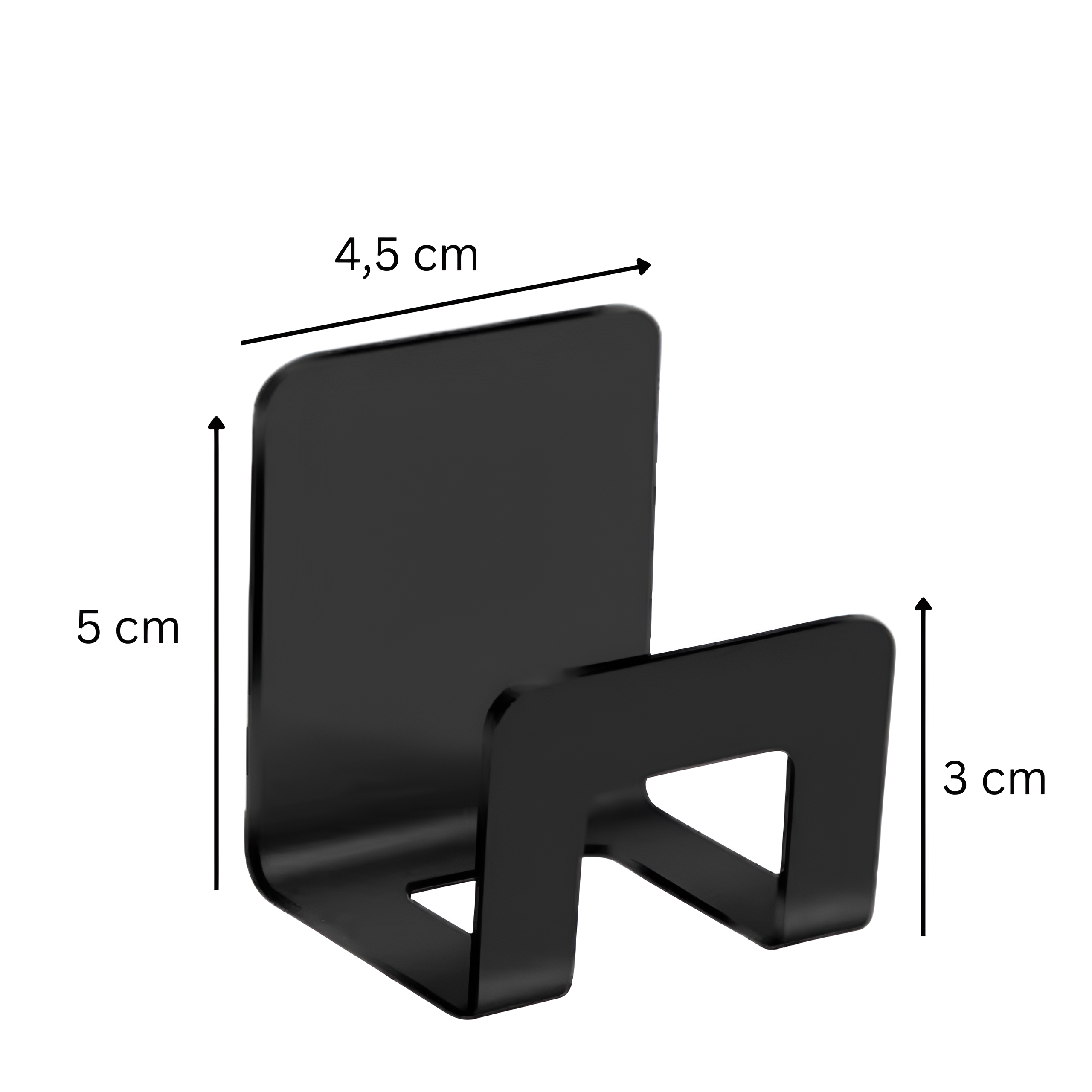 Czarny uchwyt kuchenny na gąbkę do zlewu o wymiarach 4,5 cm szerokości, 5 cm wysokości i 3 cm głębokości.