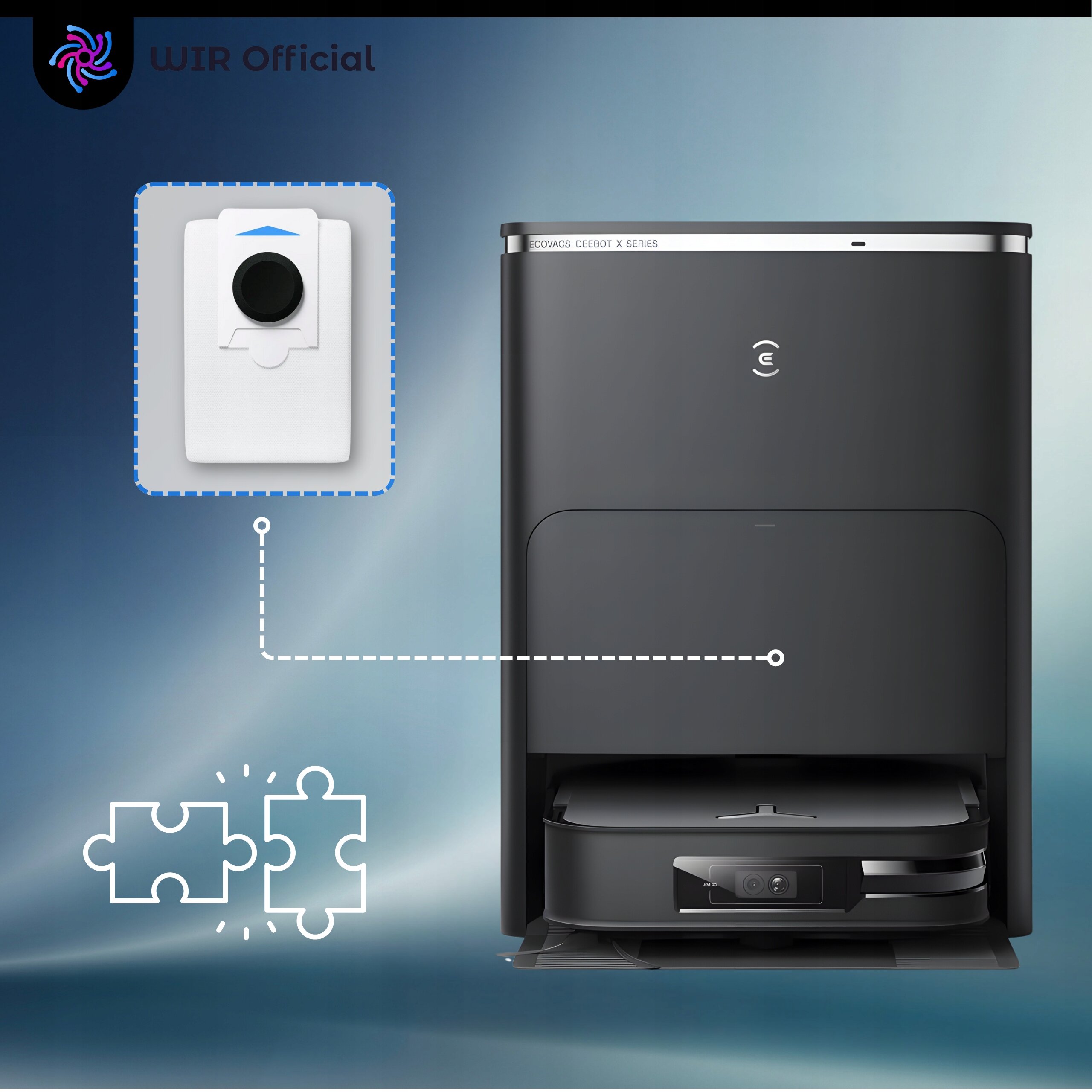 Obraz przedstawia stację dokującą Ecovacs Deebot X Series z widocznym workiem na kurz. W lewym górnym rogu znajduje się logo \'WIR Official\'.