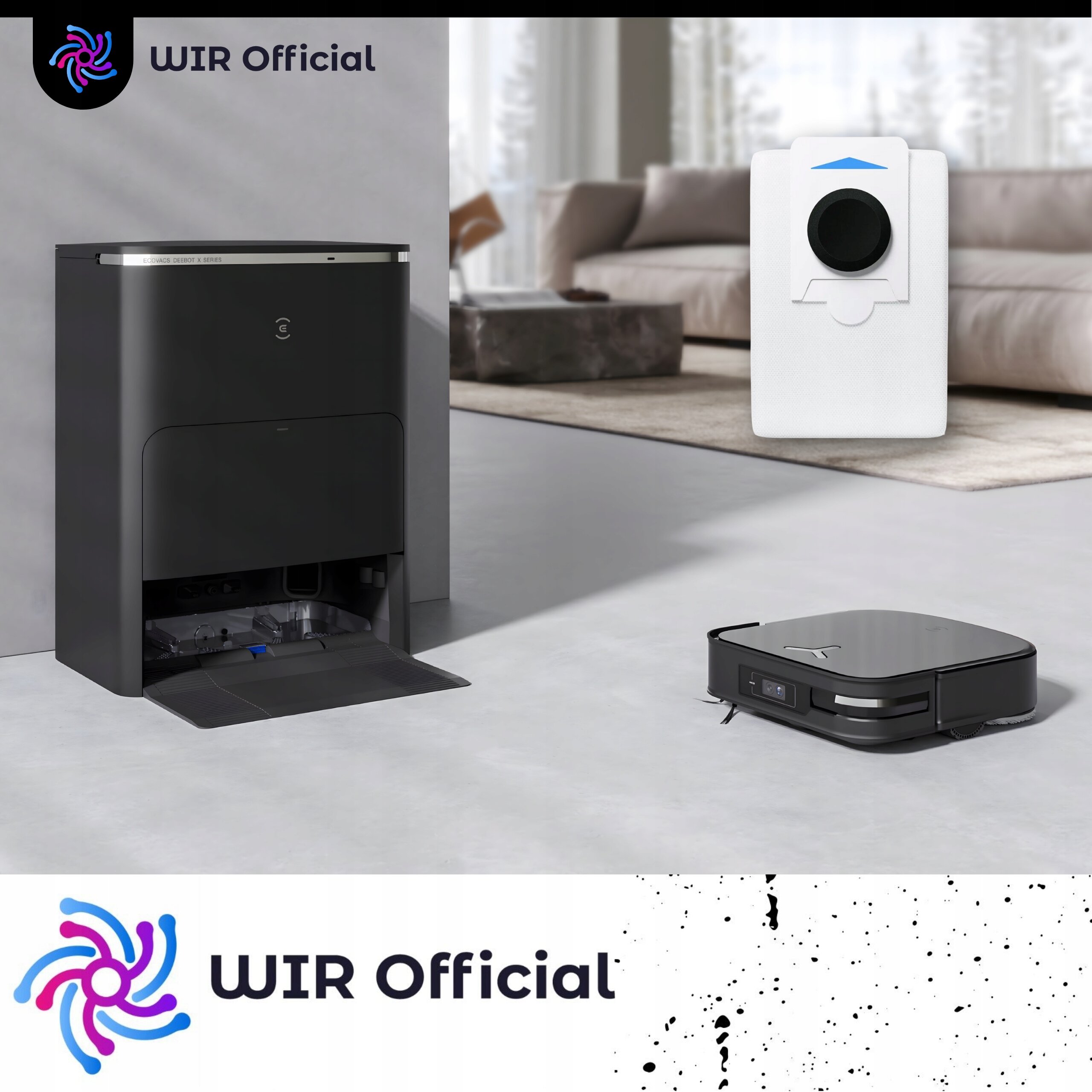 Na obrazie znajduje się czarna stacja dokująca z otwartą dolną częścią oraz robot sprzątający na podłodze. W tle widoczny jest biały worek na kurz z czarnym elementem, a na górze napis \'WIR Official\'.