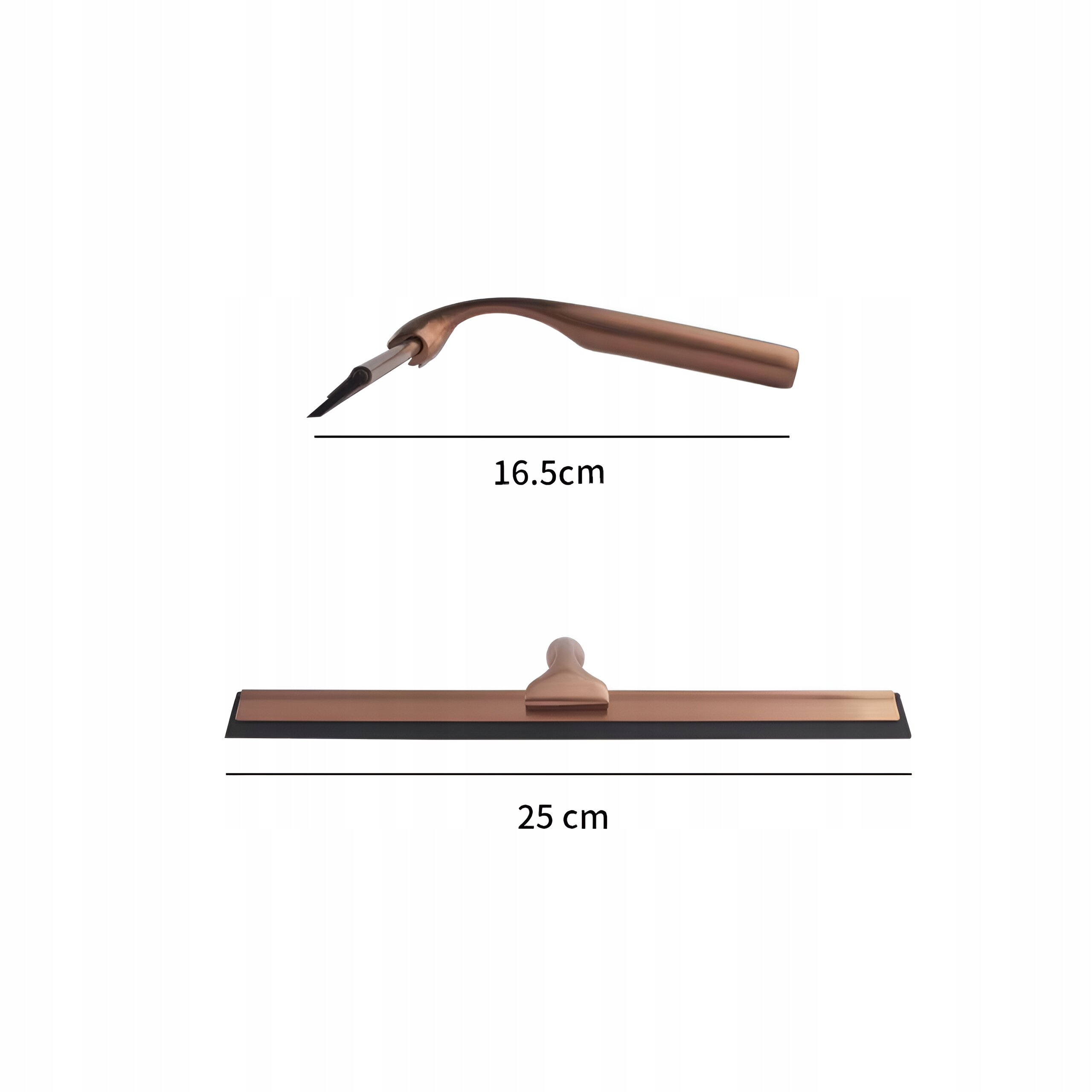 Obraz przedstawia metalową ściągaczkę do wody w kolorze miedzianym z haczykiem, o długości 16,5 cm i szerokości 25 cm. Produkt jest przeznaczony do szyb kabin prysznicowych.