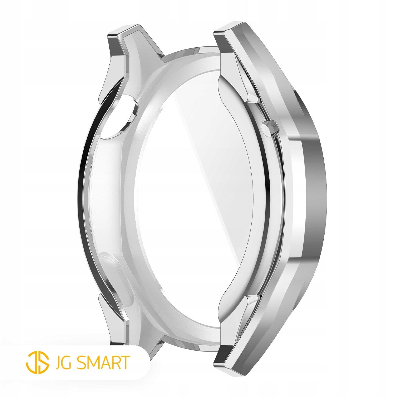 Przezroczyste etui ochronne na zegarek z metalicznymi elementami na krawędziach. W lewym dolnym rogu widoczne jest logo \'JG SMART\'.