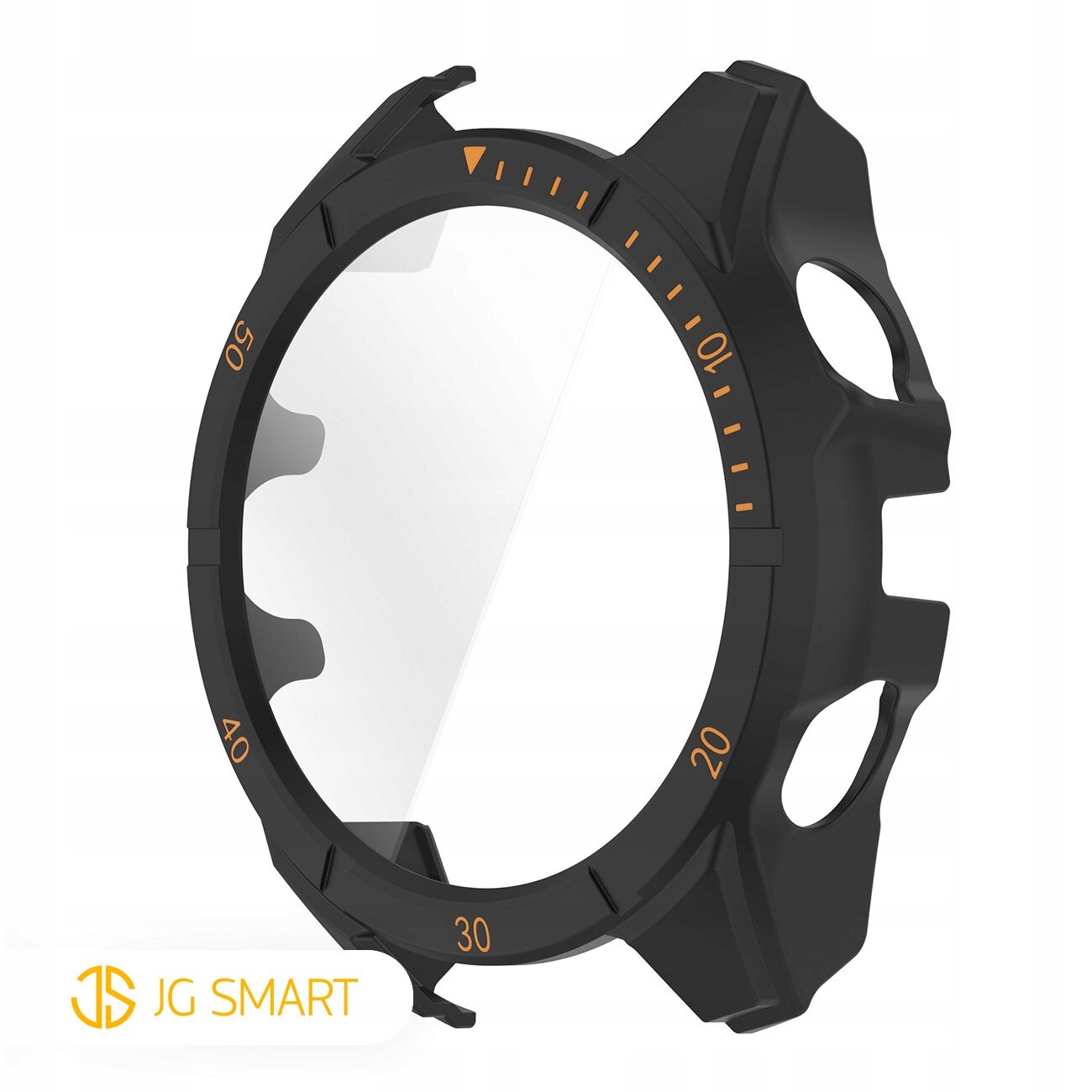 Czarne etui ochronne z pomarańczowymi oznaczeniami liczbowymi, przeznaczone do zegarka, z przezroczystym szkłem hartowanym. W lewym dolnym rogu widoczne jest logo \'JG SMART\'.