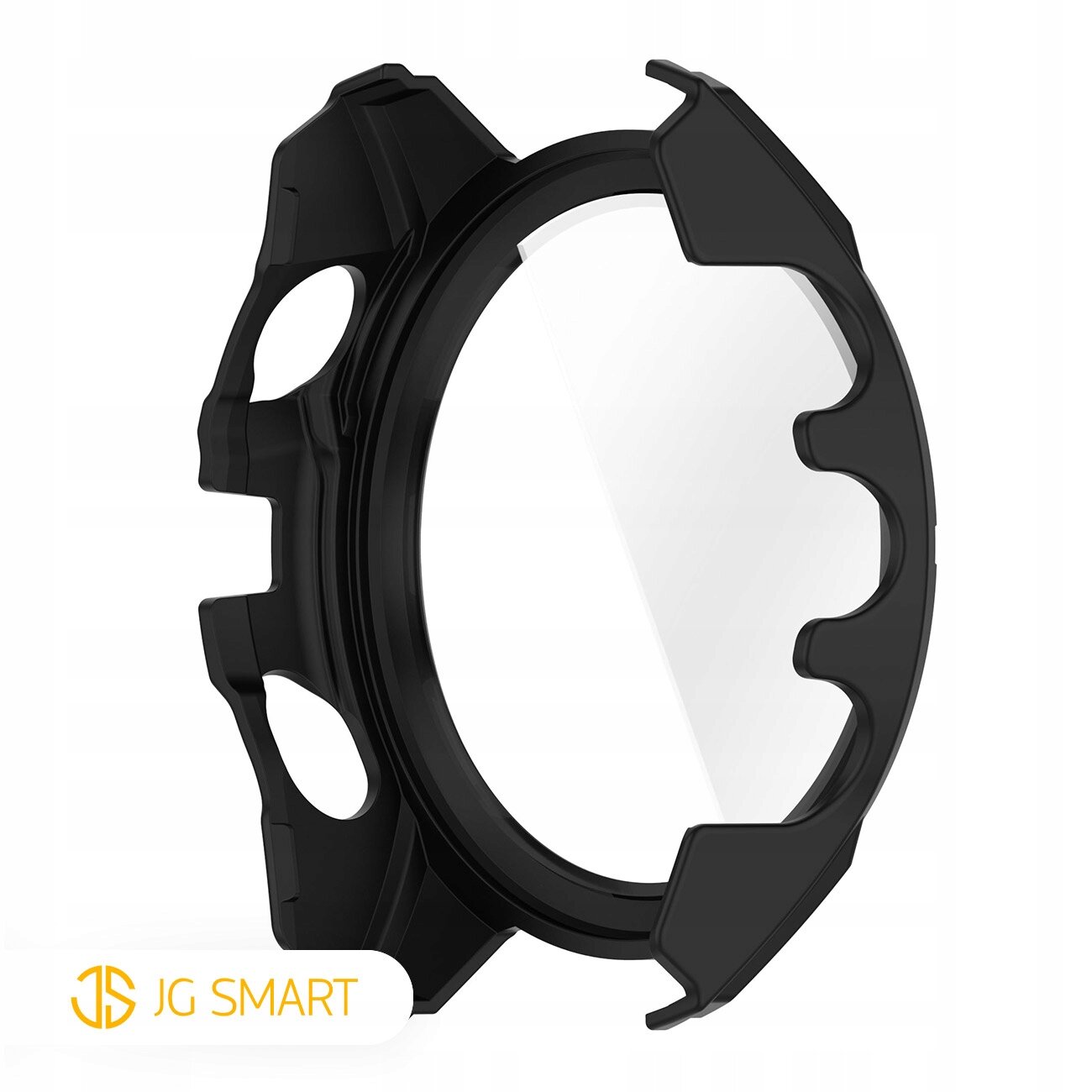 Czarne etui ochronne z przezroczystym szkłem hartowanym, przeznaczone do zegarka. W lewym dolnym rogu widoczne jest logo \'JG SMART\'.