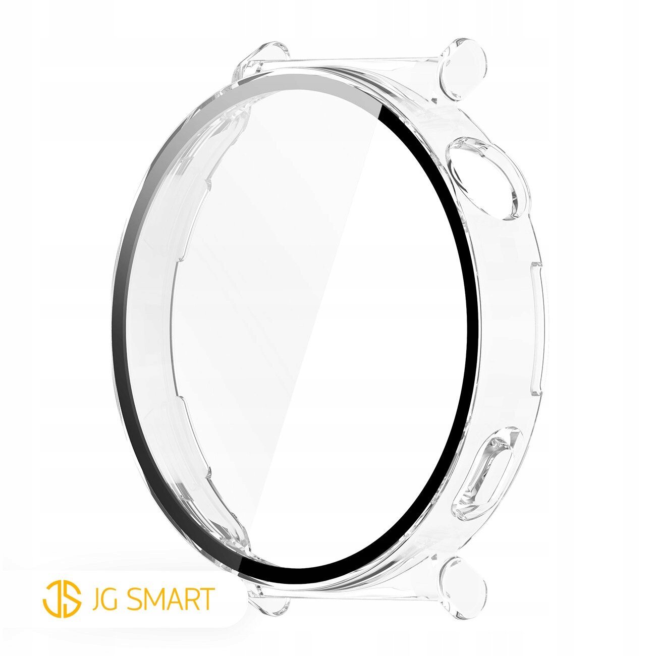 Przezroczyste etui ochronne z wycięciami na przyciski, przeznaczone do zegarka. W lewym dolnym rogu widoczne jest logo \'JG SMART\'.