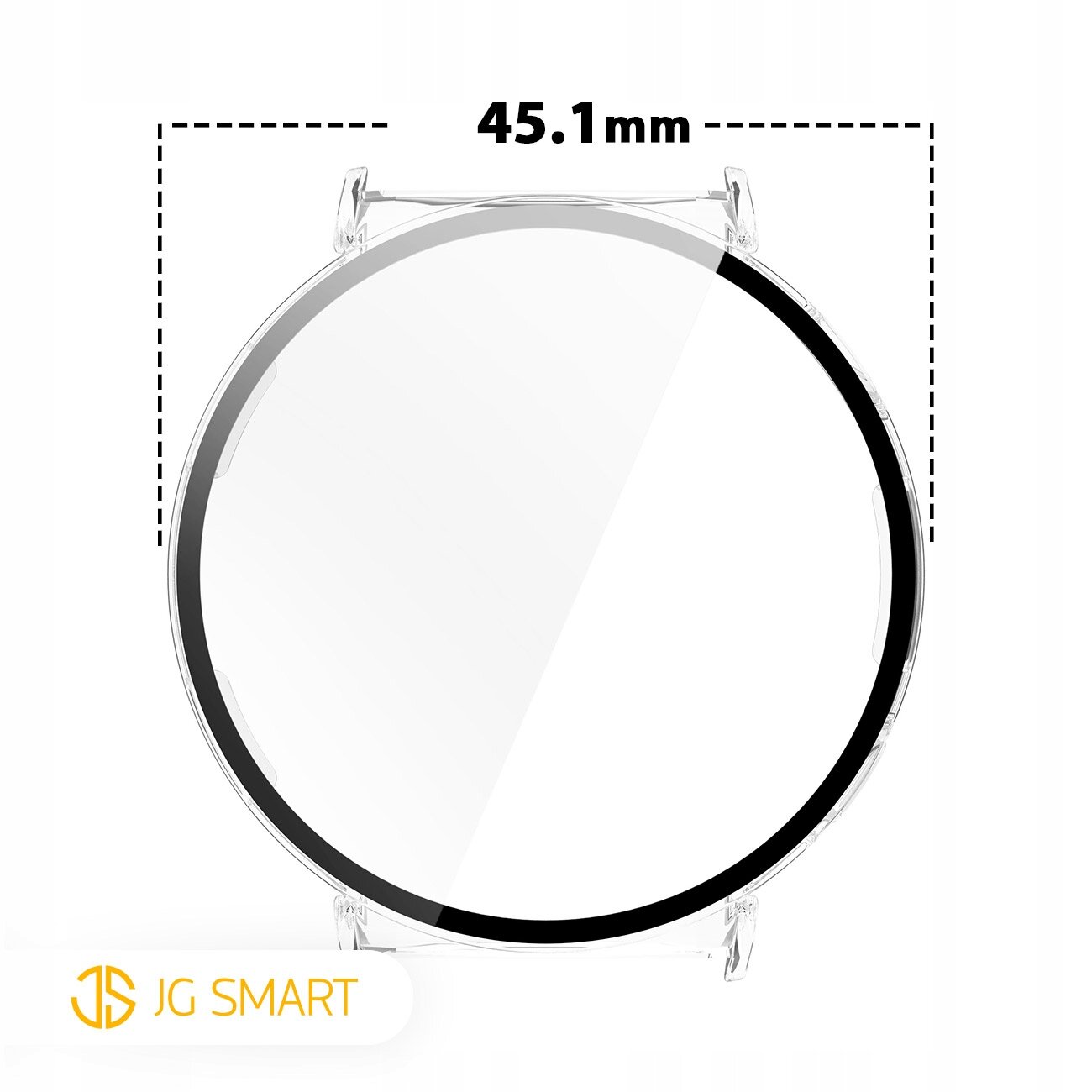 Obraz przedstawia okrągłe etui ochronne z przezroczystego materiału o średnicy 45.1 mm. W lewym dolnym rogu widoczne jest logo \'JG SMART\'.