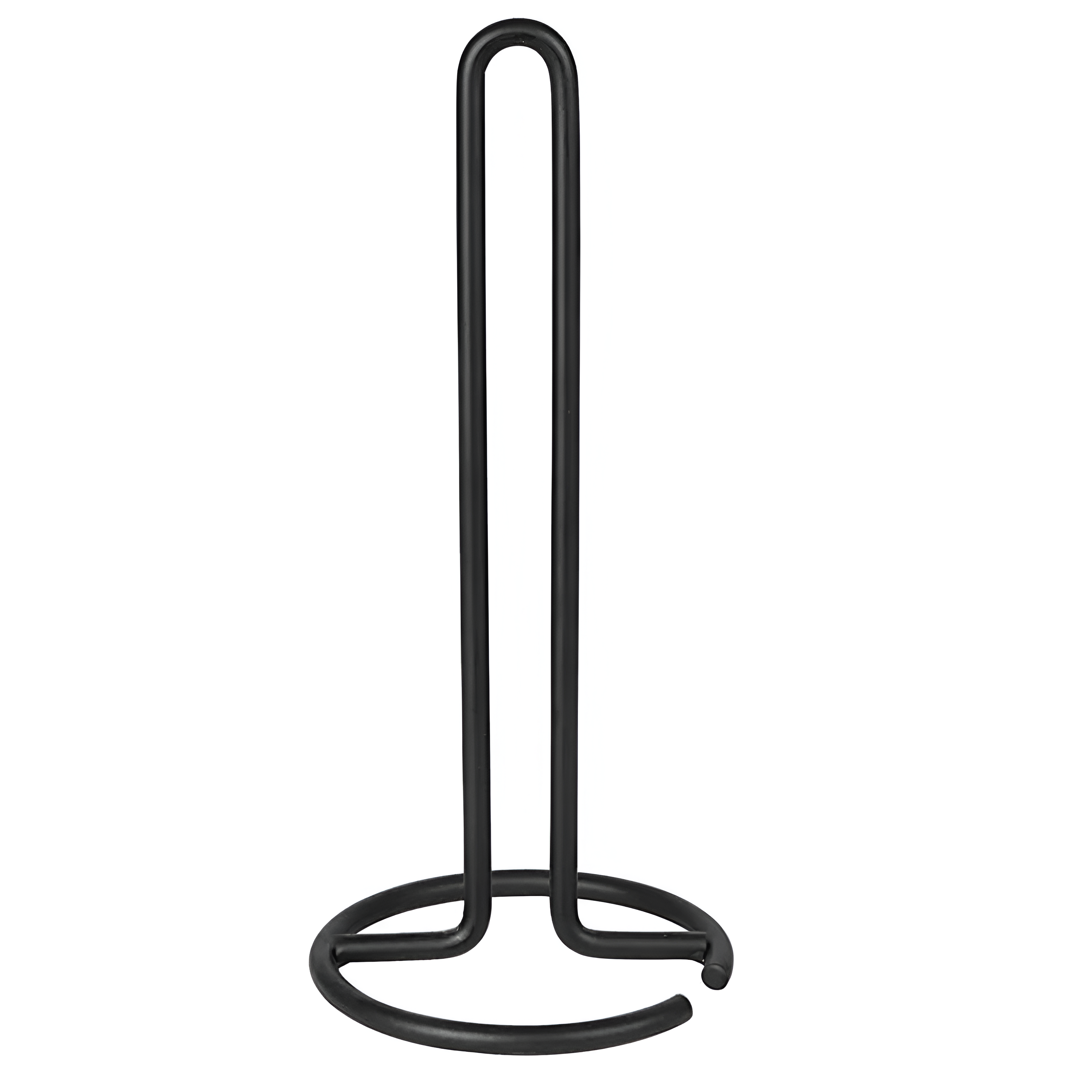 Czarny, metalowy stojak na ręcznik papierowy o prostym, minimalistycznym designie. Składa się z pionowego pręta i okrągłej podstawy.