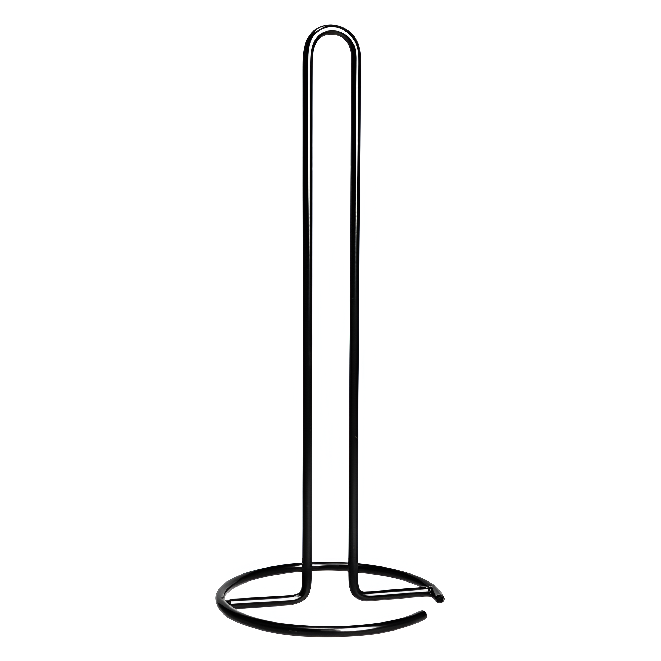Czarny, metalowy stojak na ręcznik papierowy o prostym, minimalistycznym designie. Składa się z okrągłej podstawy i dwóch pionowych prętów połączonych u góry.
