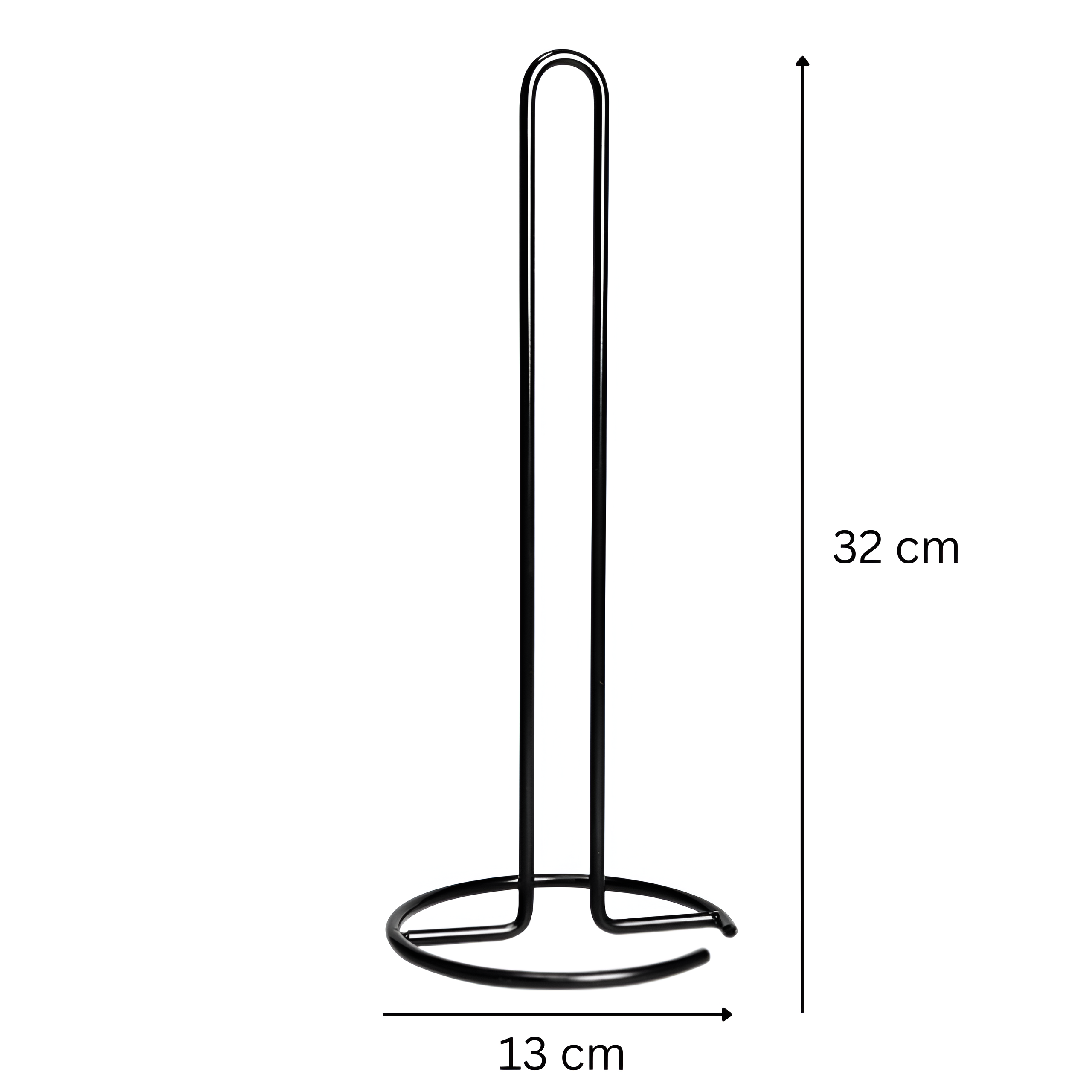 Czarny metalowy stojak na ręcznik papierowy o wysokości 32 cm i średnicy podstawy 13 cm. Stojak ma prostą, minimalistyczną konstrukcję z okrągłą podstawą.