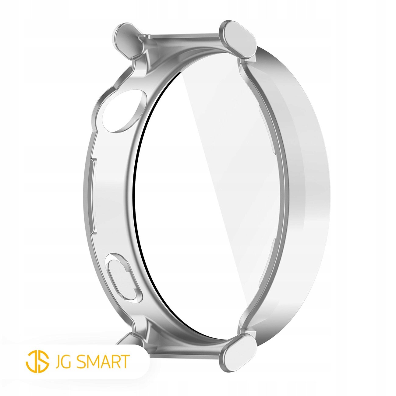 Przezroczyste etui ochronne na zegarek z wycięciami na przyciski. W lewym dolnym rogu widoczne jest logo \'JG SMART\'.