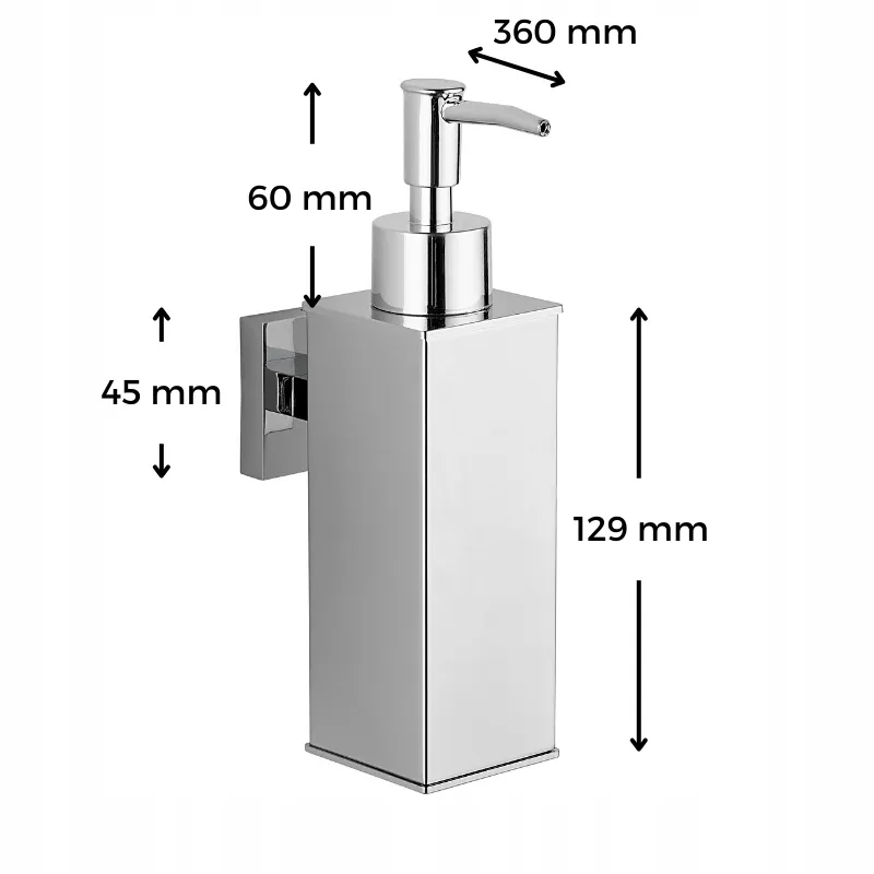 Chromowany dozownik do mydła o prostokątnym kształcie z wymiarami: 360 mm, 60 mm, 45 mm, 129 mm.