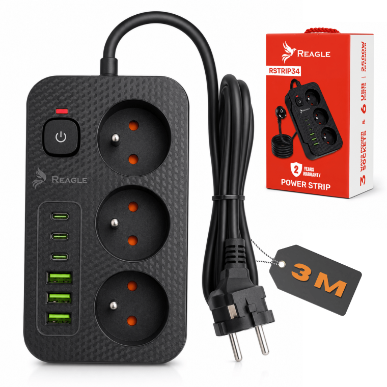 Czarna listwa zasilająca z trzema gniazdami i sześcioma portami USB (3x USB-A, 3x USB-C), obok znajduje się czerwone opakowanie z logo Reagle. Na przewodzie widoczna jest zawieszka z napisem \'3M\'.