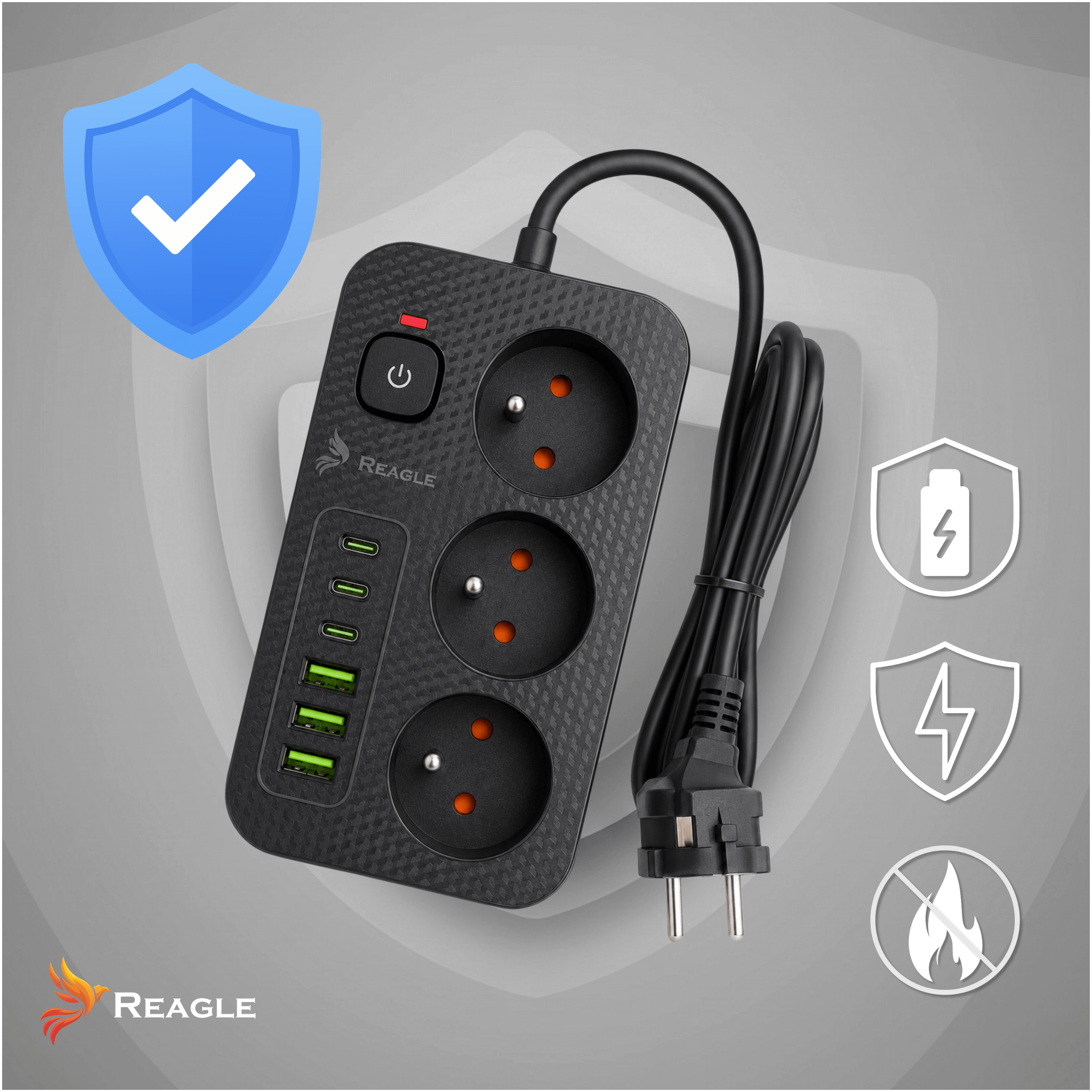 Czarna listwa zasilająca z trzema gniazdami i sześcioma portami USB, z logo Reagle. Obok znajdują się ikony symbolizujące ochronę przed przepięciami, ładowanie i bezpieczeństwo przeciwpożarowe.