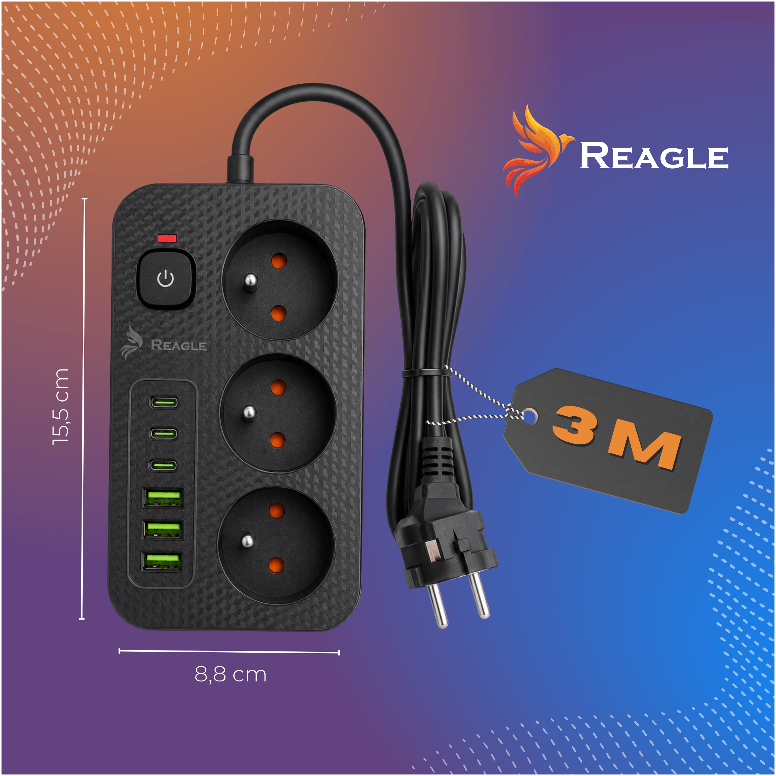 Czarna listwa zasilająca z trzema gniazdami i sześcioma portami USB, z włącznikiem i logo Reagle. Obok znajduje się etykieta z napisem \'3M\'.